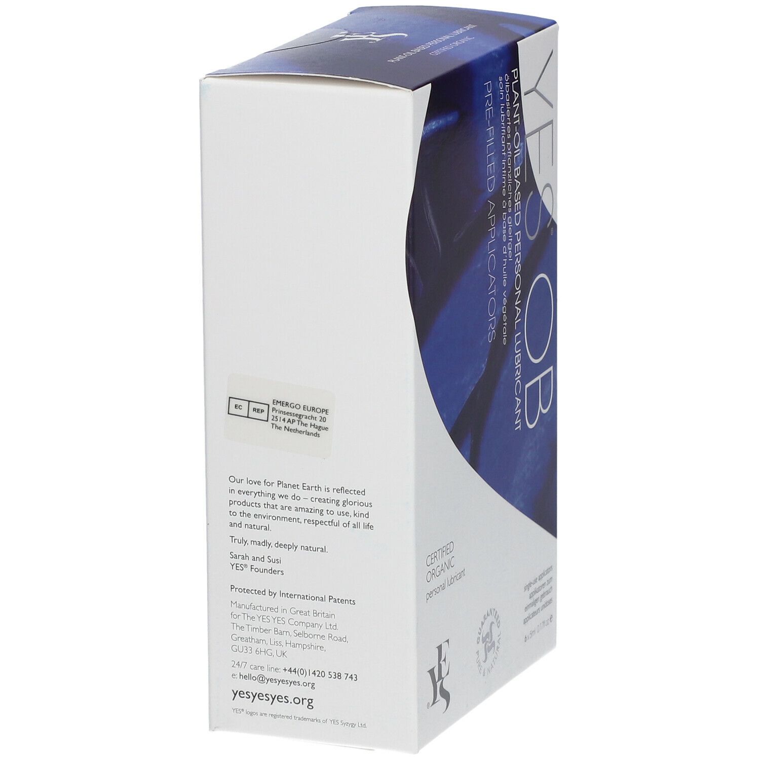 Seitenansicht der YES® OB Gleitgel-Verpackung. Text und Logos auf weißem Hintergrund, blaue Akzente.