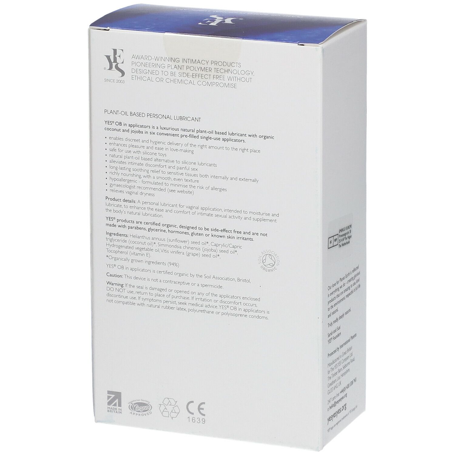 Rückseite der YES® OB Gleitgel-Verpackung. Textinformationen, Logos und Zertifizierungen.