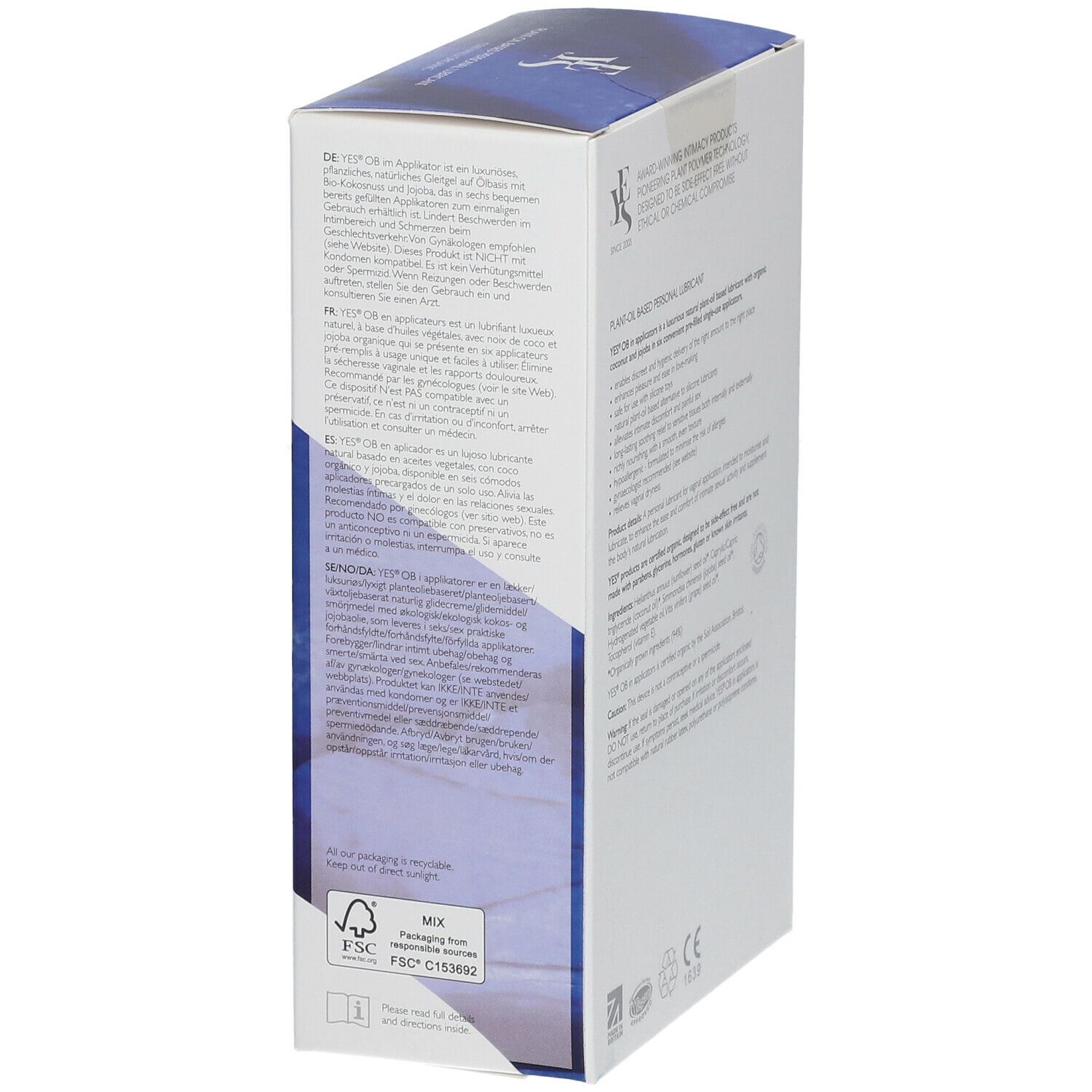 Seitenansicht der YES® OB Gleitgel-Verpackung. Text, Logos und Zertifizierungen.