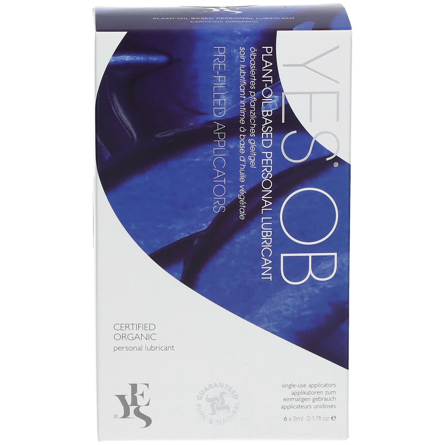 Vorderansicht der YES® OB Gleitgel-Verpackung. Blaue und weiße Schachtel mit Produktinformationen und Logo.