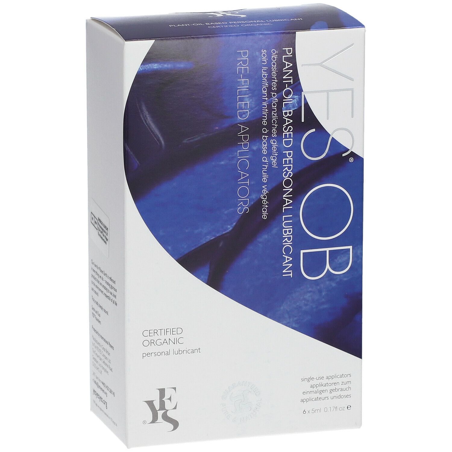 YES® OB Gleitgel-Verpackung. Blaue und weiße Schachtel mit Produktinformationen und Logo. 6 Applikatoren.