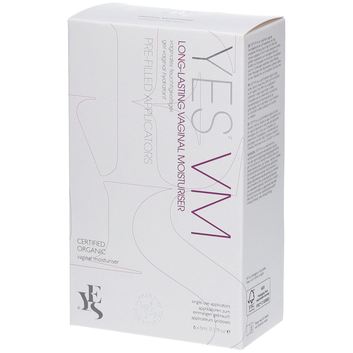 Boîte blanche YES VM.  'Long-Lasting Vaginal Moisturiser' et 'Pre-Filled Applicators' sont visibles.  Certifié biologique.