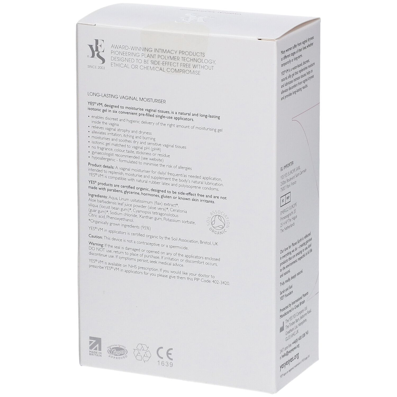 Emballage blanc avec texte.  Informations sur YES VM, ingrédients et certifications.  Marquage CE.