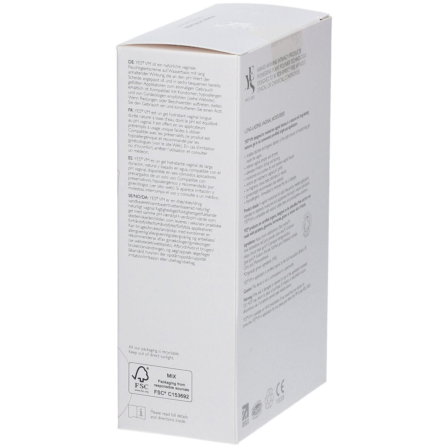 Emballage blanc avec texte.  Informations sur YES VM en plusieurs langues.  Certification FSC.
