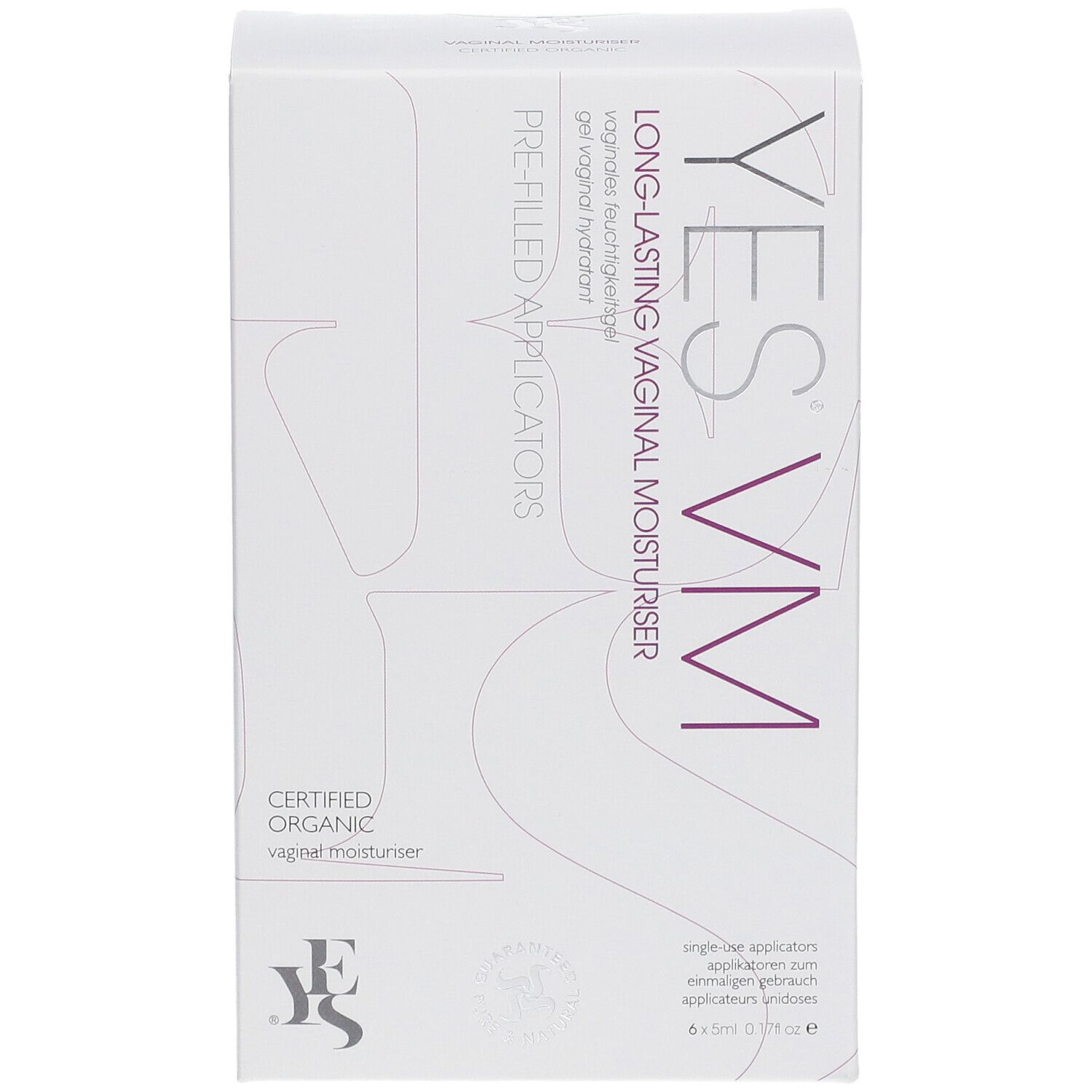Boîte blanche YES VM.  'Long-Lasting Vaginal Moisturiser' et 'Pre-Filled Applicators' sont visibles.  Certifié biologique.