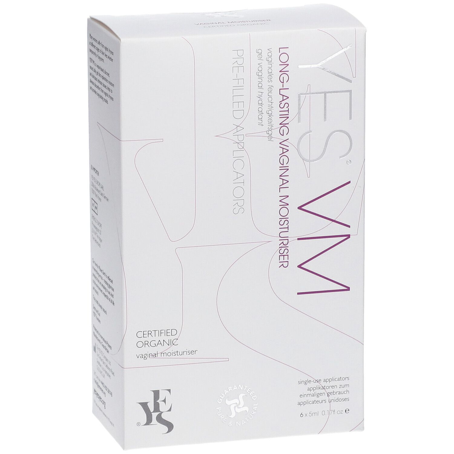 Boîte blanche YES VM.  'Long-Lasting Vaginal Moisturiser' et 'Pre-Filled Applicators' sont visibles.  Certifié biologique.