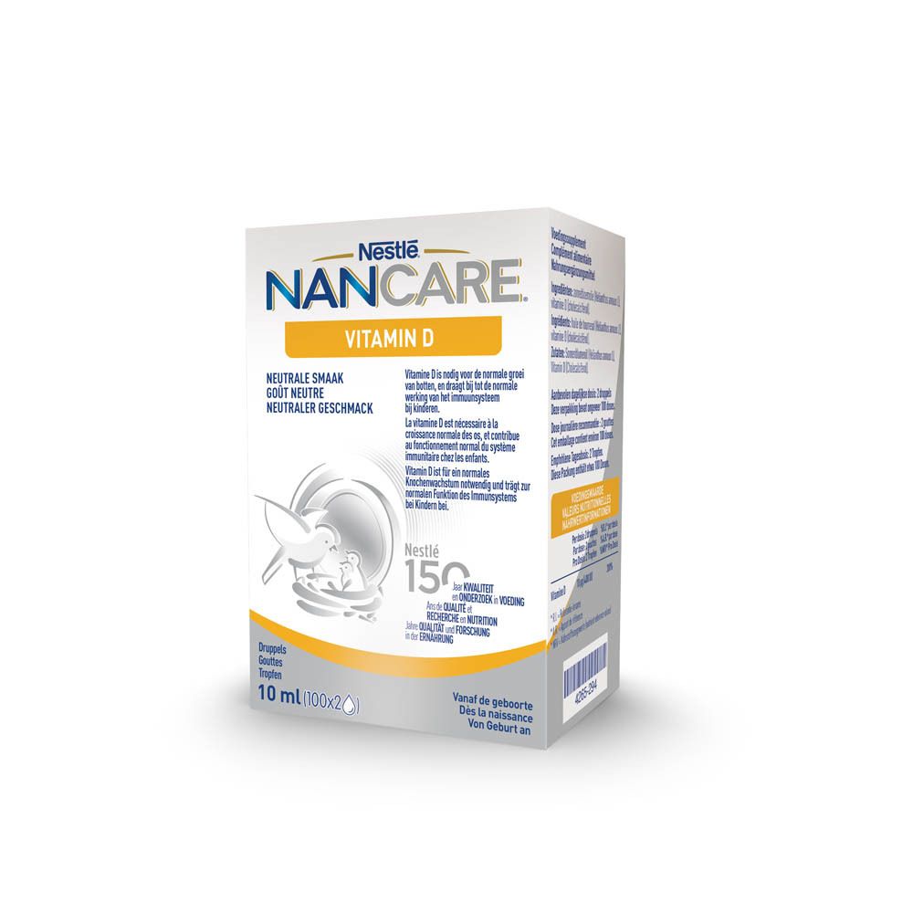 Emballage NANCARE Vitamine D. Boîte blanche avec informations produit. Contient 10 ml.