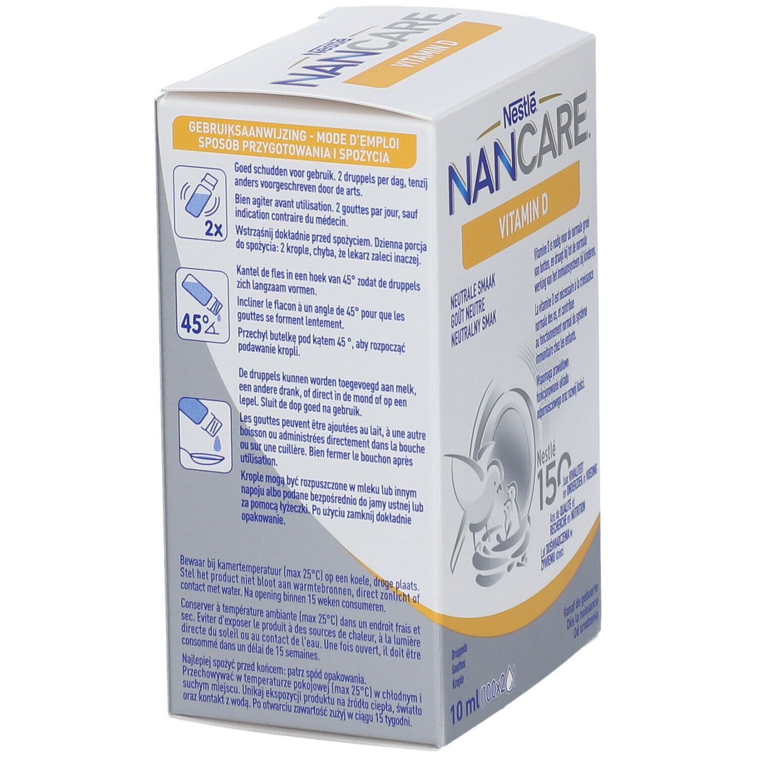 Dos de l'emballage NANCARE Vitamine D. Mode d'emploi et pictogrammes. Flacon de 10 ml.