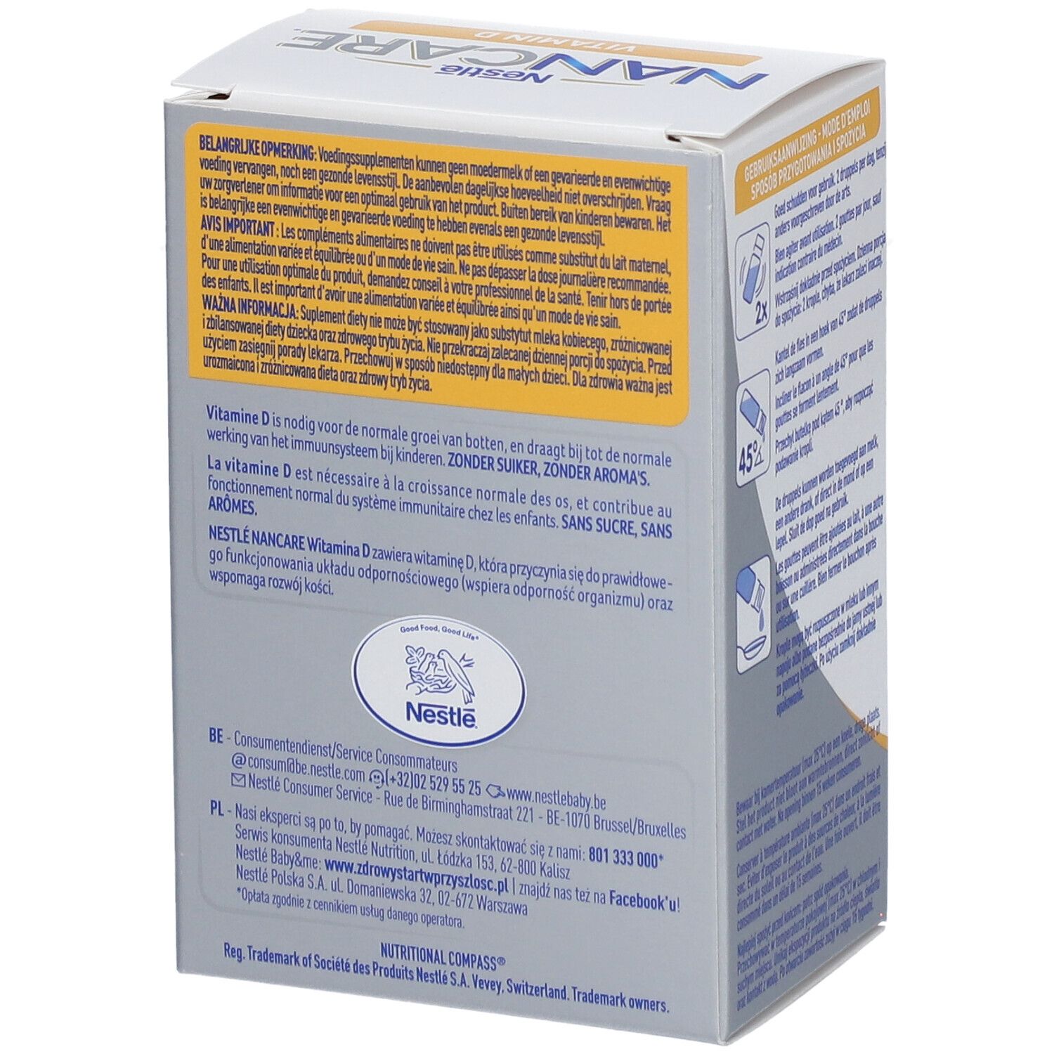 Dos de l'emballage NANCARE Vitamine D. Texte avec informations nutritionnelles et logo Nestlé.