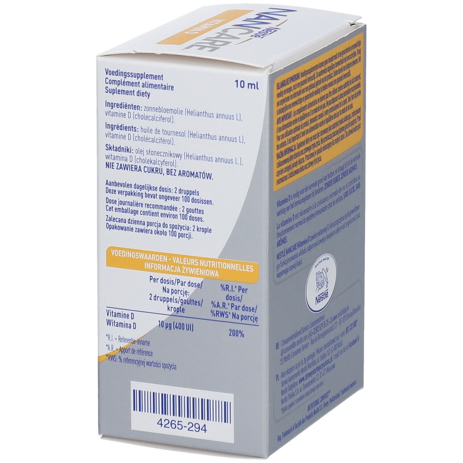 Côté de l'emballage NANCARE Vitamine D. Informations nutritionnelles et ingrédients. 10 ml.
