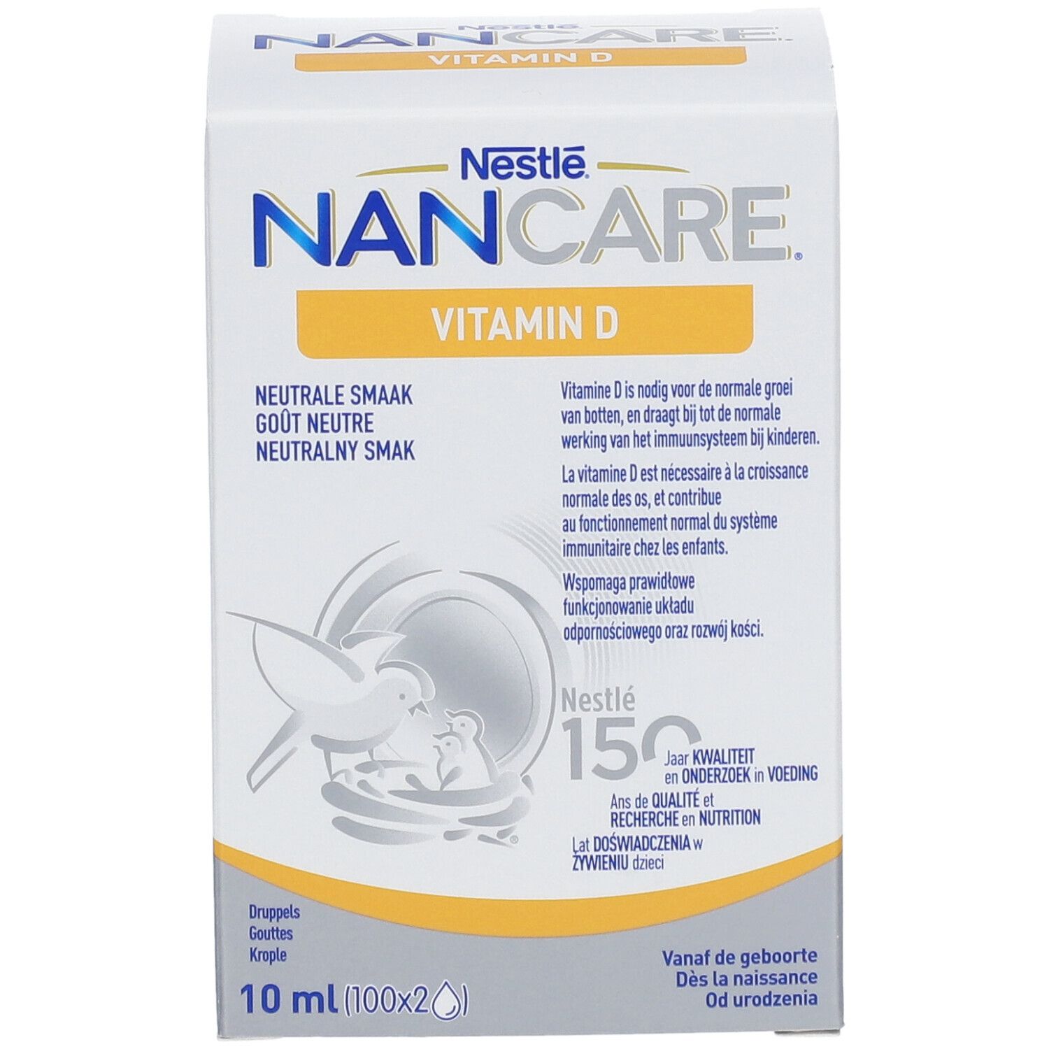 Emballage NANCARE Vitamine D. Boîte blanche avec informations produit. Contient 10 ml.