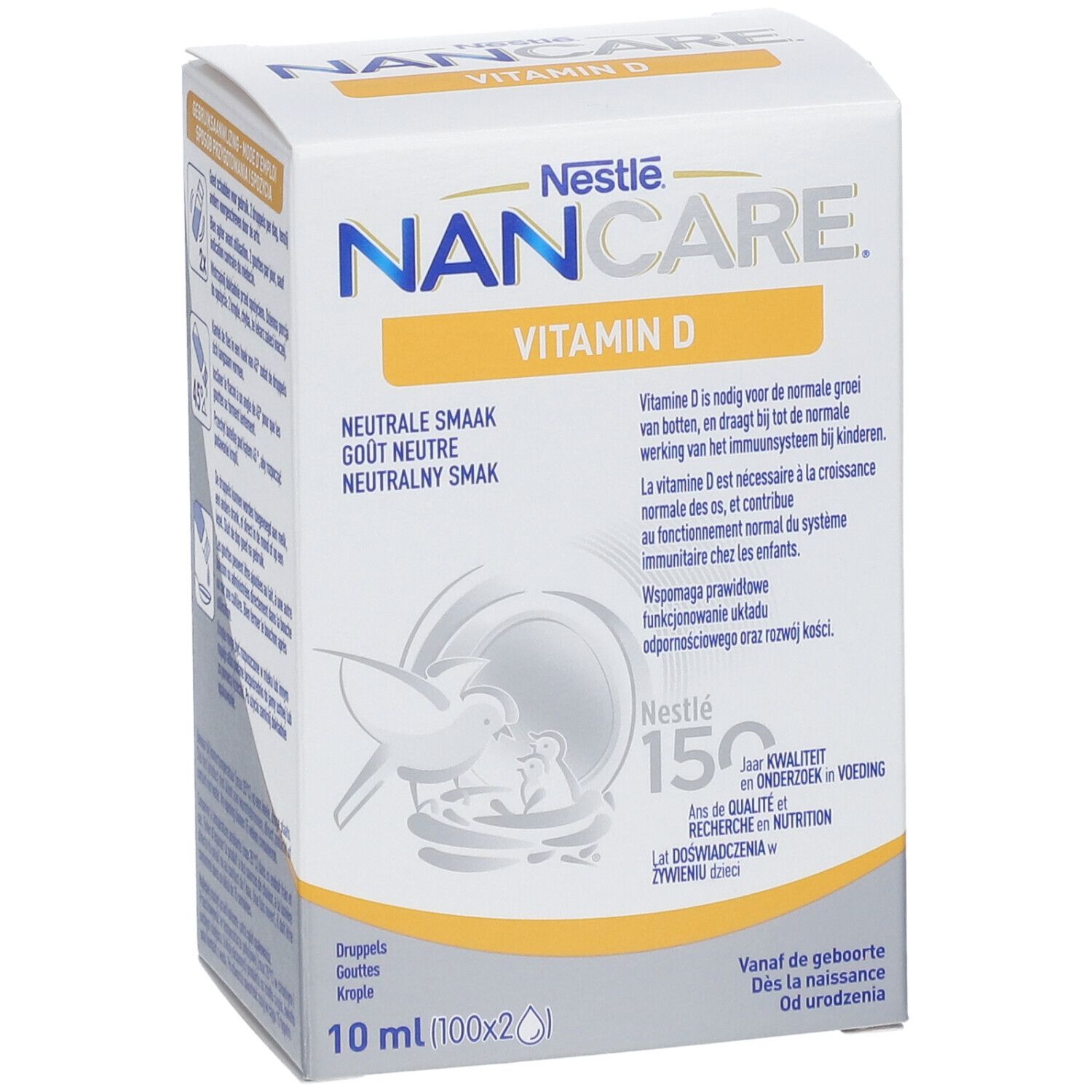 Emballage NANCARE Vitamine D. Boîte blanche avec informations produit. Contient 10 ml.