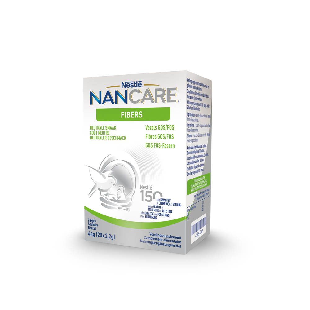 Nestlé NANCARE Fibers doos. Bevat 20 zakjes. Neutrale smaak. GOS/FOS vezels. Voedingssupplement voor baby's en jonge kinderen.
