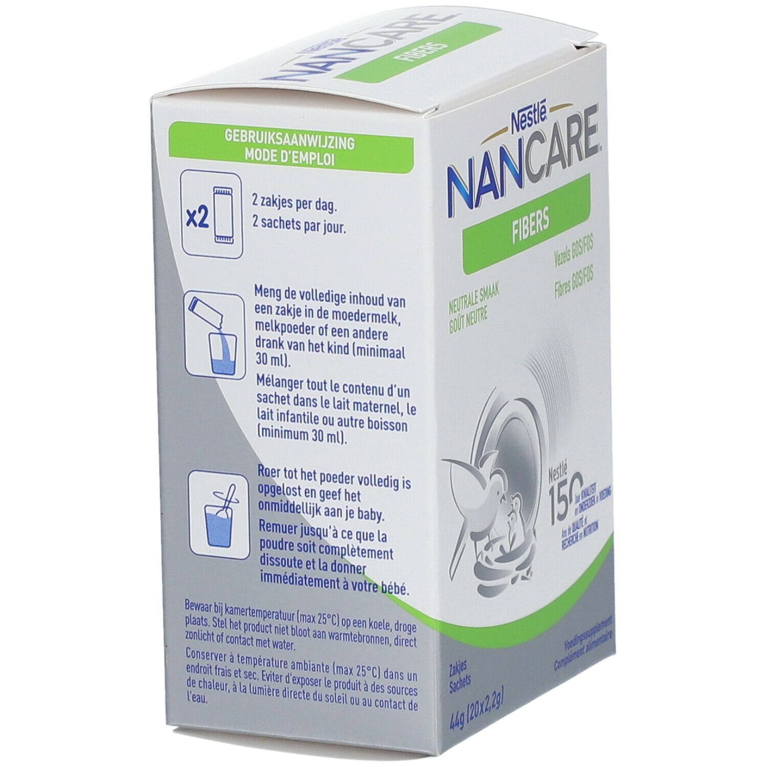 Achterkant NANCARE Fibers verpakking. Gebruiksaanwijzing: 2 zakjes per dag. Mengen met moedermelk of drank.