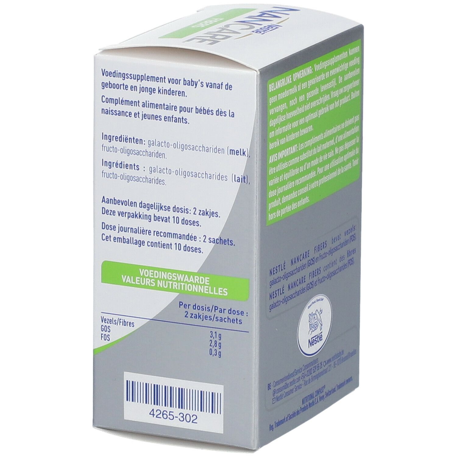 Achterkant NANCARE Fibers verpakking. Voedingswaarde per portie. Bevat GOS en FOS vezels. 10 doseringen.