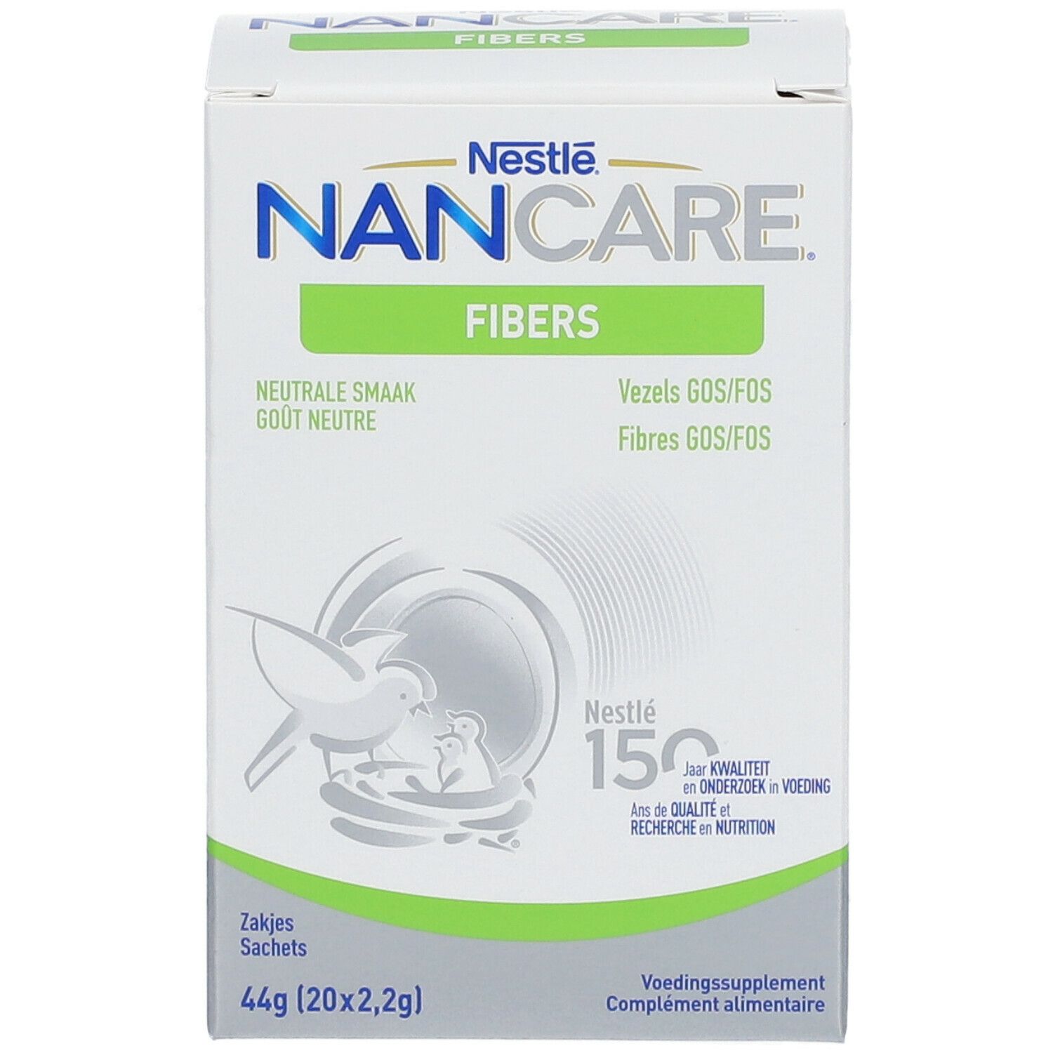 Nestlé NANCARE Fibers doos. Bevat 20 zakjes. Neutrale smaak. GOS/FOS vezels. Voedingssupplement voor baby's en jonge kinderen.