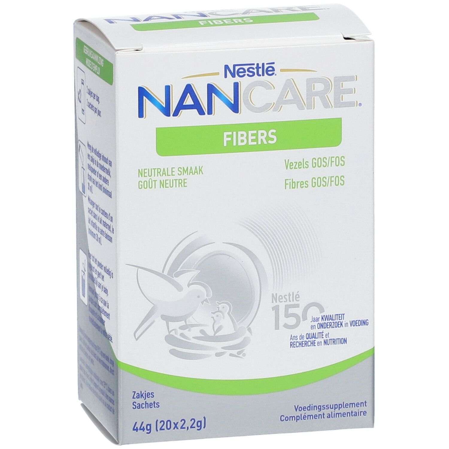 Nestlé NANCARE Fibers doos. Bevat 20 zakjes. Neutrale smaak. GOS/FOS vezels. Voedingssupplement voor baby's en jonge kinderen.