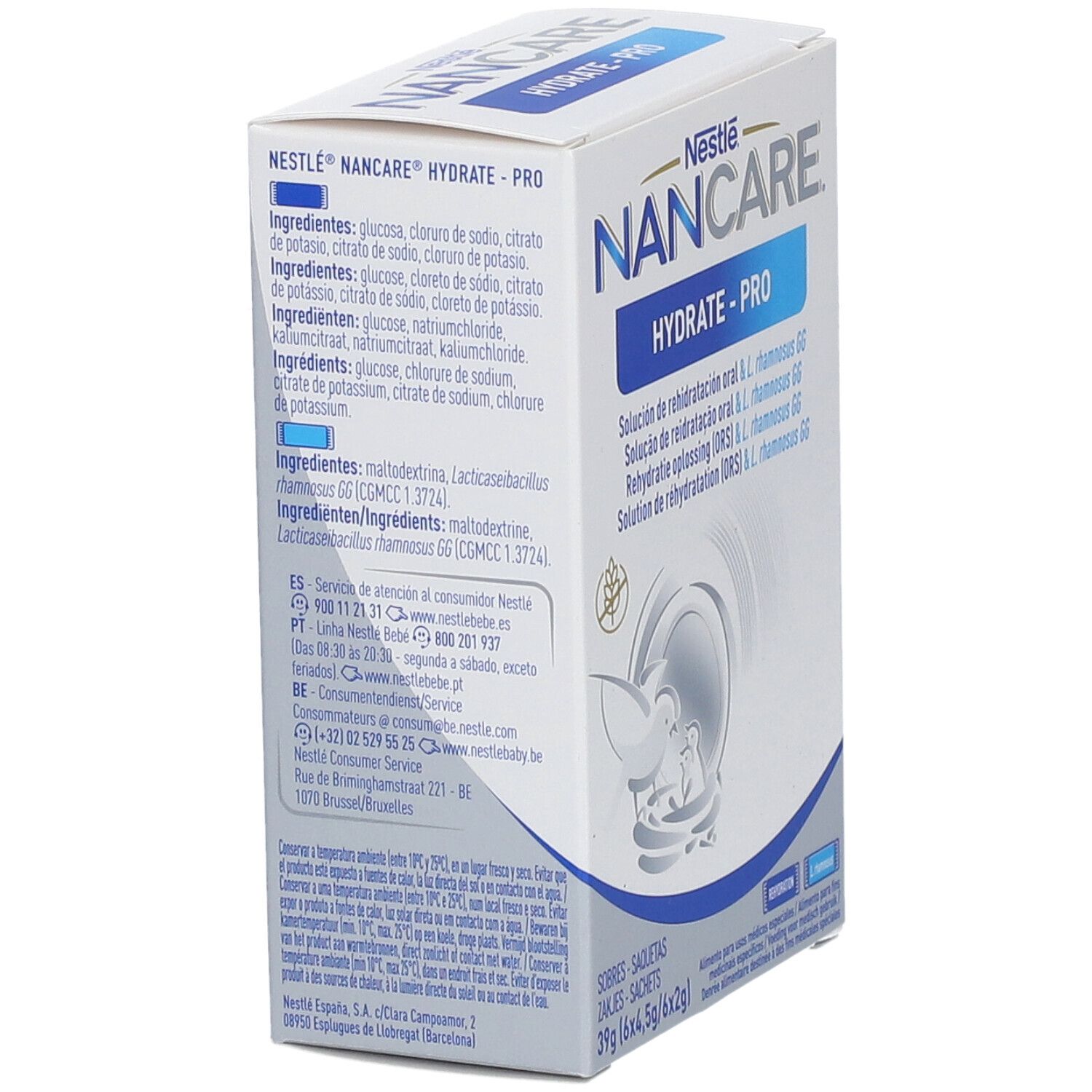 Karton mit Nestle NANCARE HYDRATE-PRO. Zutatenliste und Kontaktinformationen. Abbildung: Vogel und Baby.