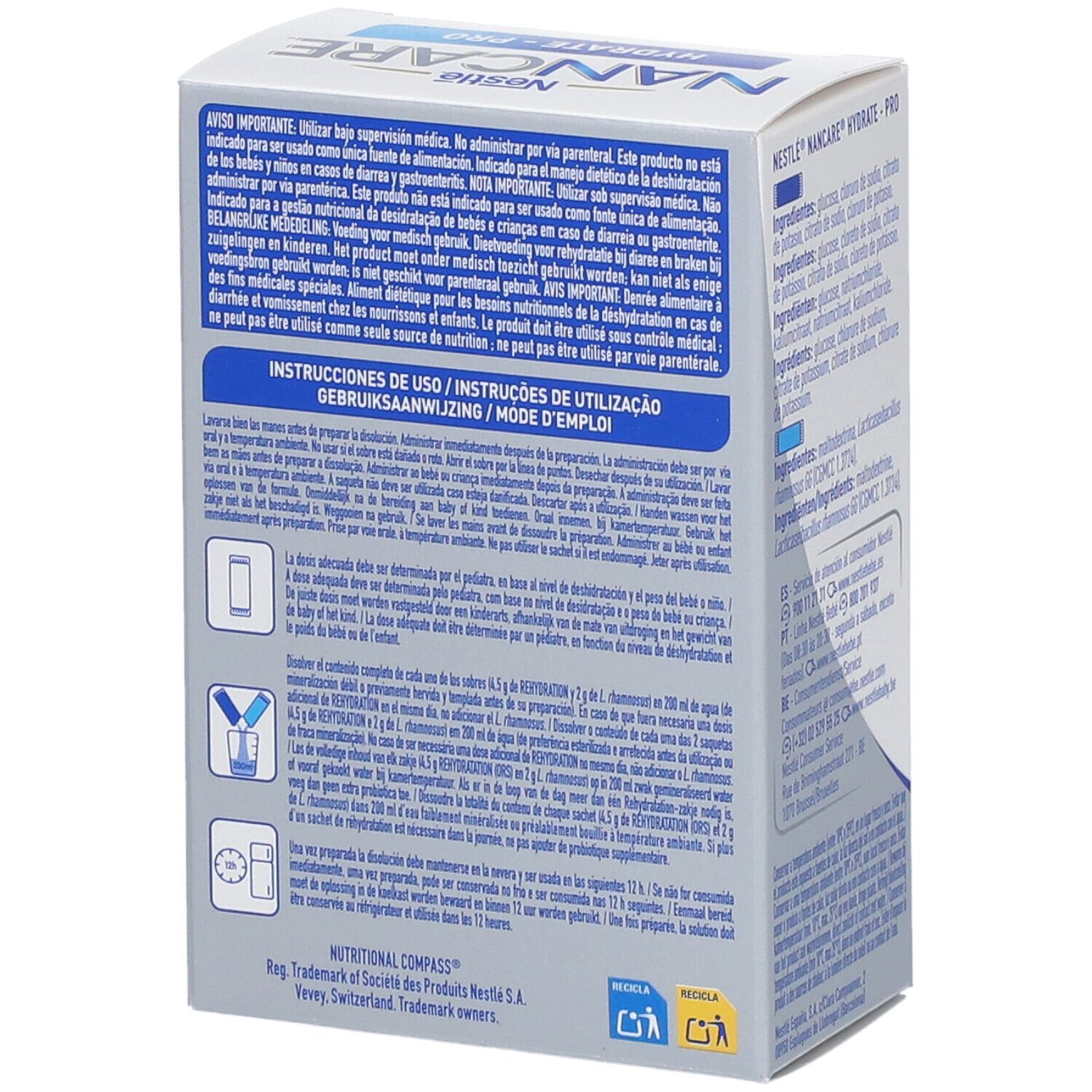 Rückseite der Nestle NANCARE HYDRATE-PRO-Verpackung. Gebrauchsanweisung und Warnhinweise. Text in mehreren Sprachen.