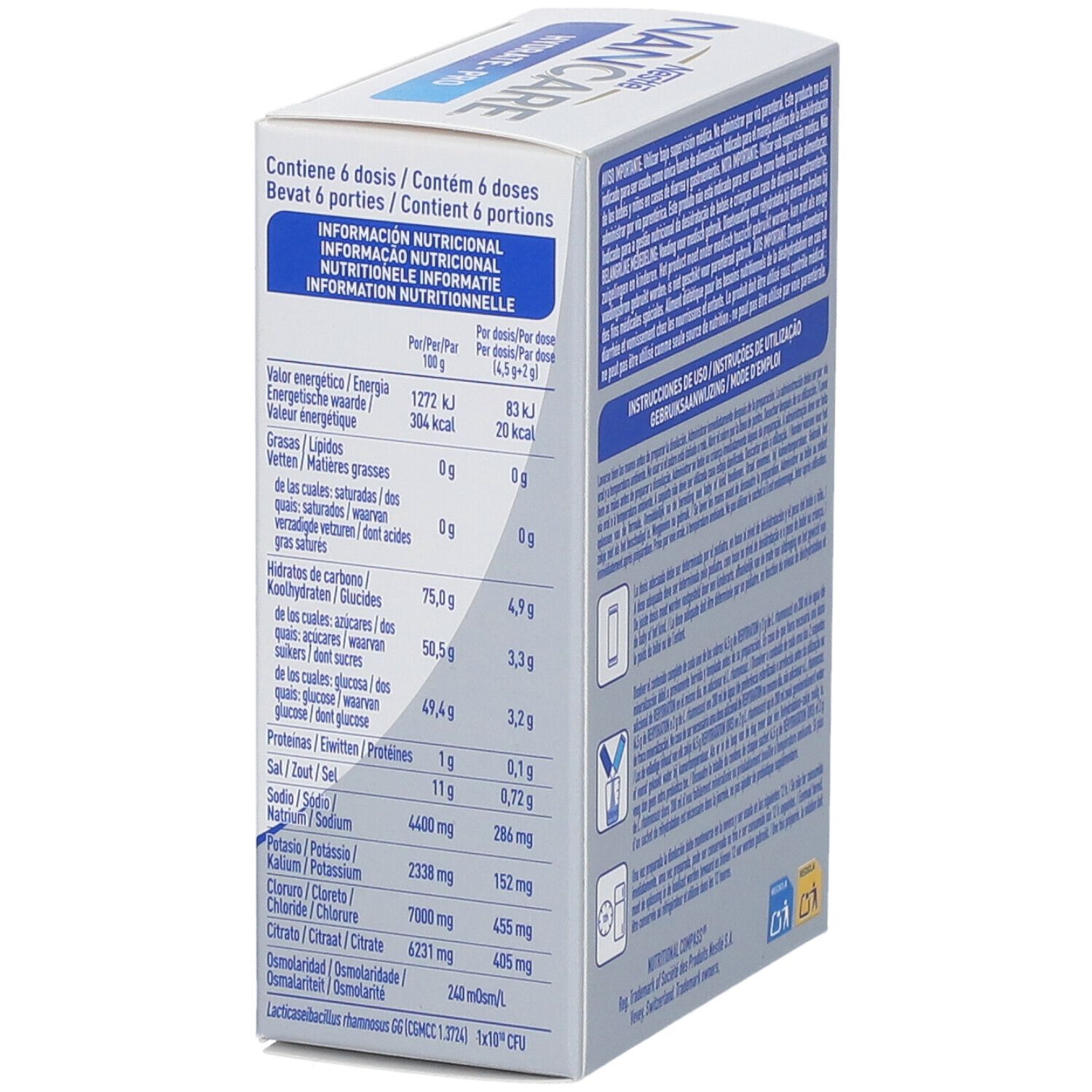 Seite der Nestle NANCARE HYDRATE-PRO-Verpackung. Nährwertangaben. Text in mehreren Sprachen.