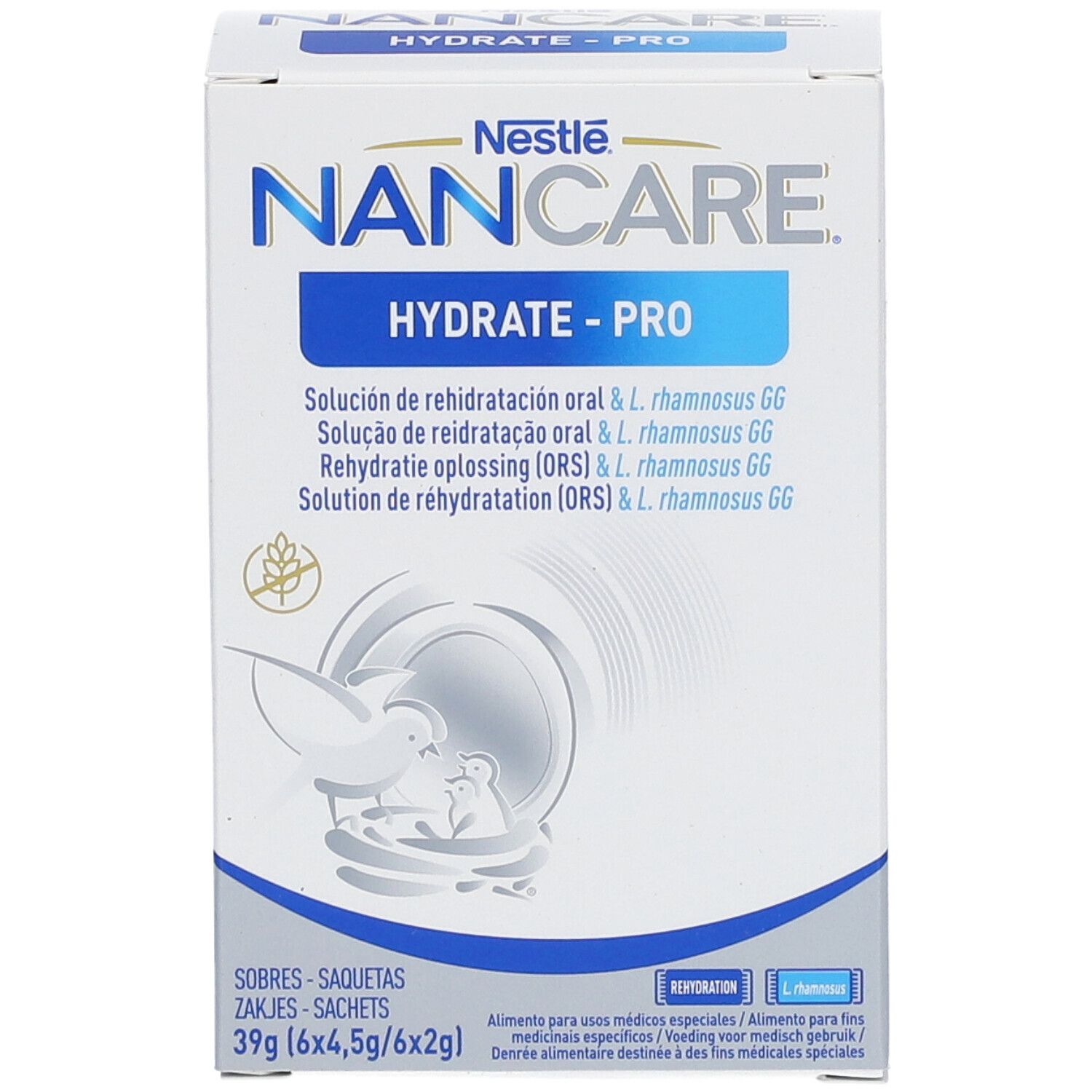 Karton mit Nestle NANCARE HYDRATE-PRO. Enthält 6 Beutel. Aufschrift: Lösung zur oralen Rehydratation. Abbildung: Vogel und Baby.