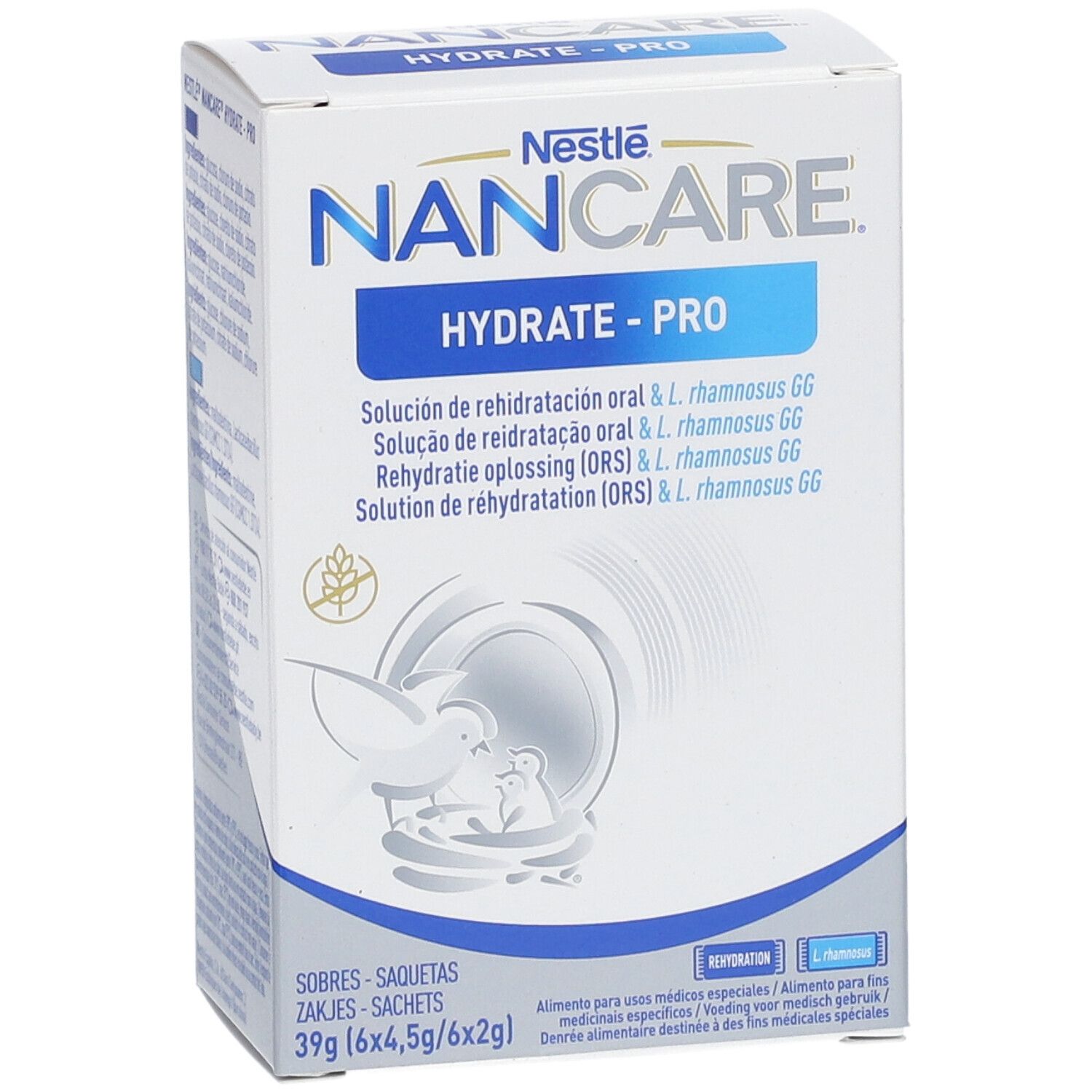 Karton mit Nestle NANCARE HYDRATE-PRO. Enthält 6 Beutel. Aufschrift: Lösung zur oralen Rehydratation. Abbildung: Vogel und Baby.