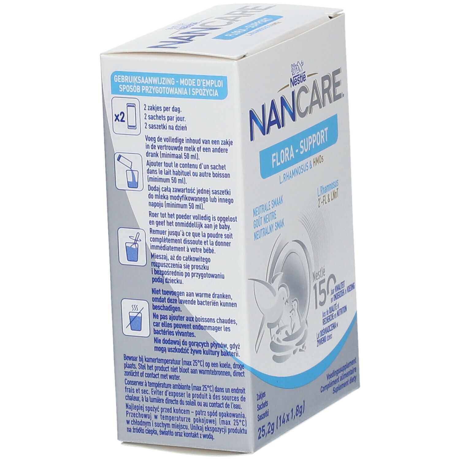 Verpakking van Nestle NANCARE Flora-Support. Bevat 14 zakjes. Instructies en productinformatie op de verpakking.