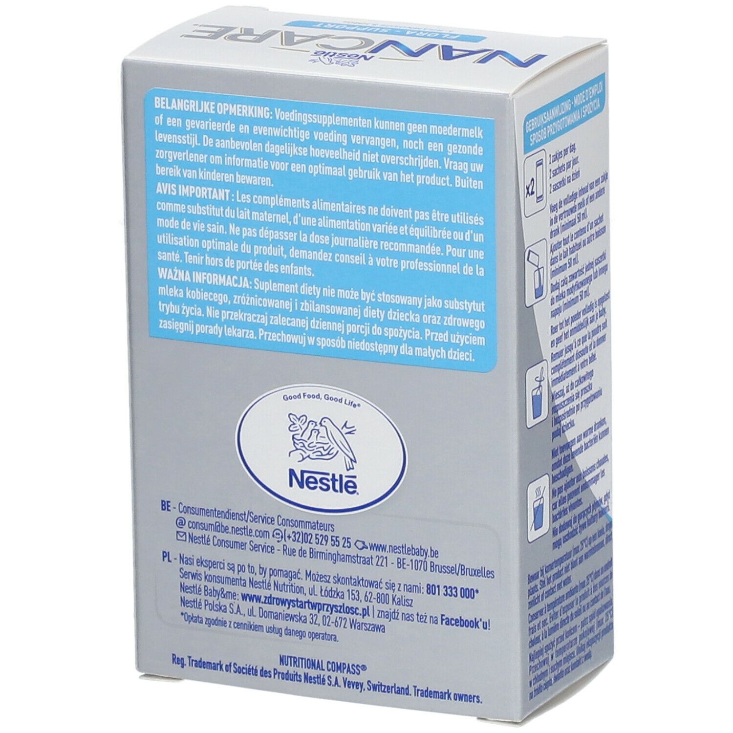 Achterkant van de Nestle NANCARE Flora-Support verpakking. Bevat waarschuwingen en contactgegevens van Nestle.