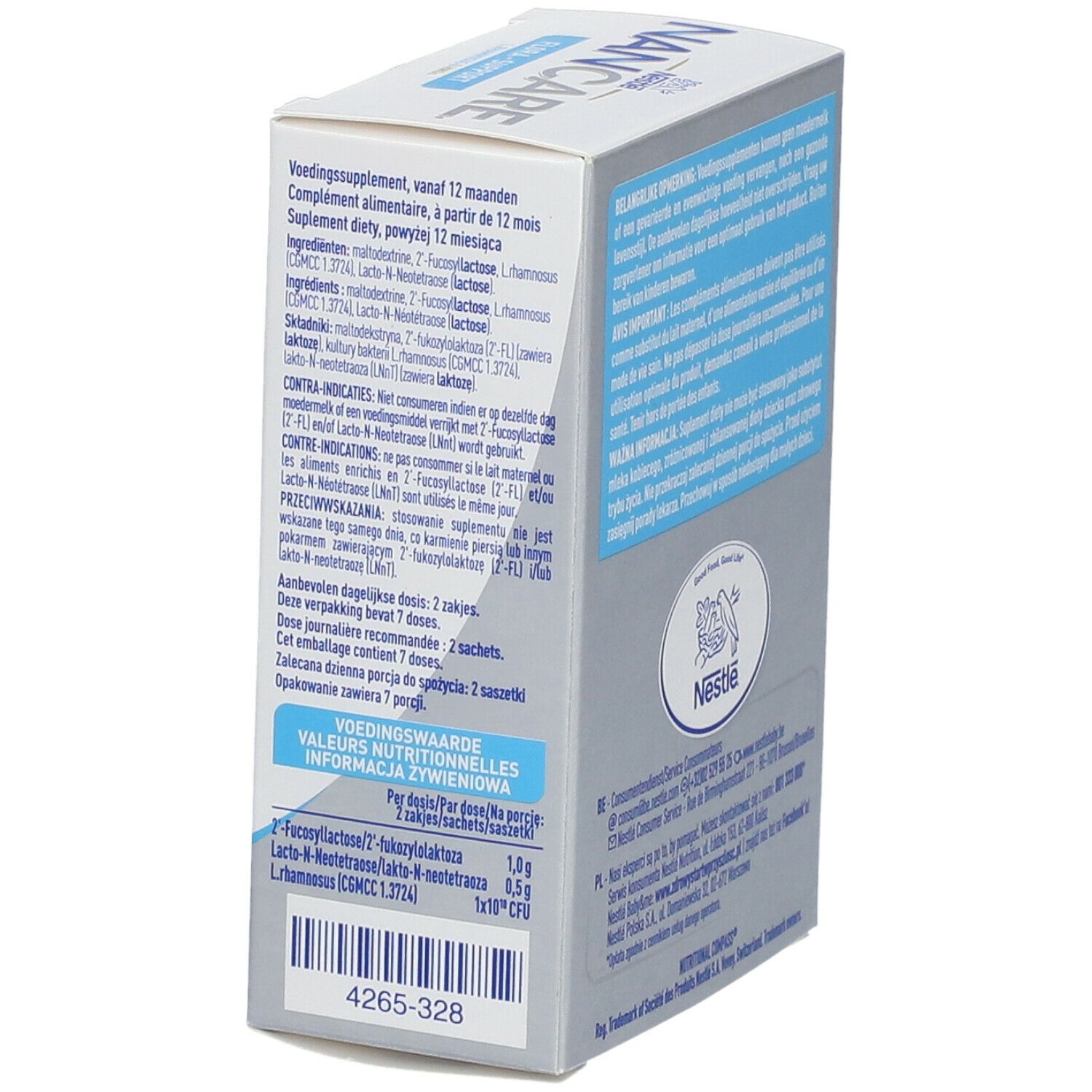 Zijkant van de Nestle NANCARE Flora-Support verpakking. Bevat voedingswaarde en ingrediënten. Met Nestle logo.
