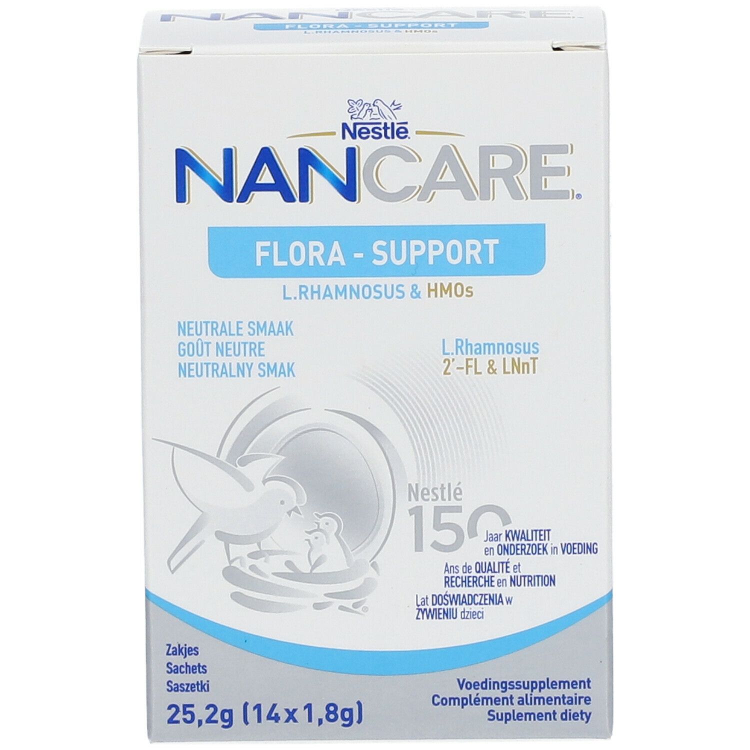 Voorkant van de Nestle NANCARE Flora-Support verpakking. Bevat productnaam, logo en informatie.