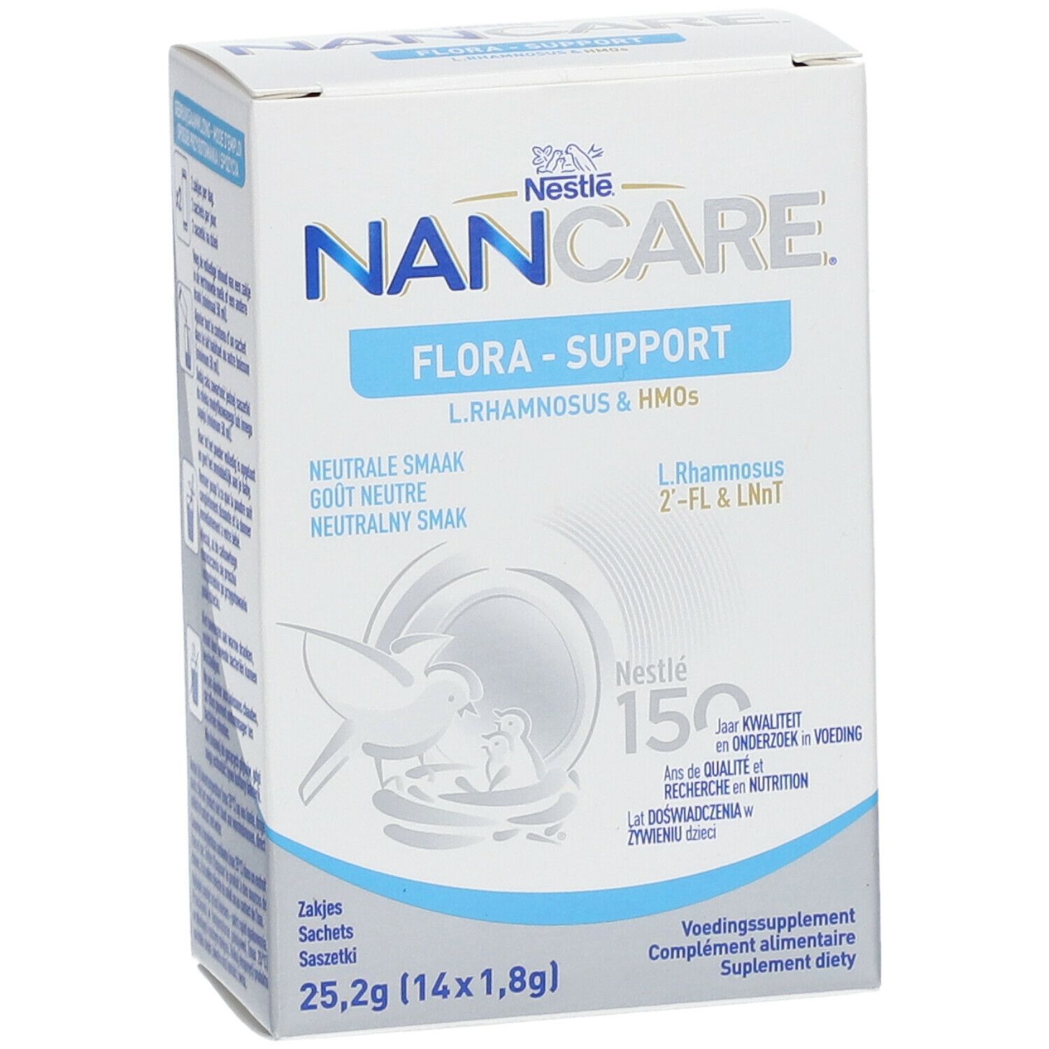Voorkant van de Nestle NANCARE Flora-Support verpakking. Bevat productnaam, logo en informatie.
