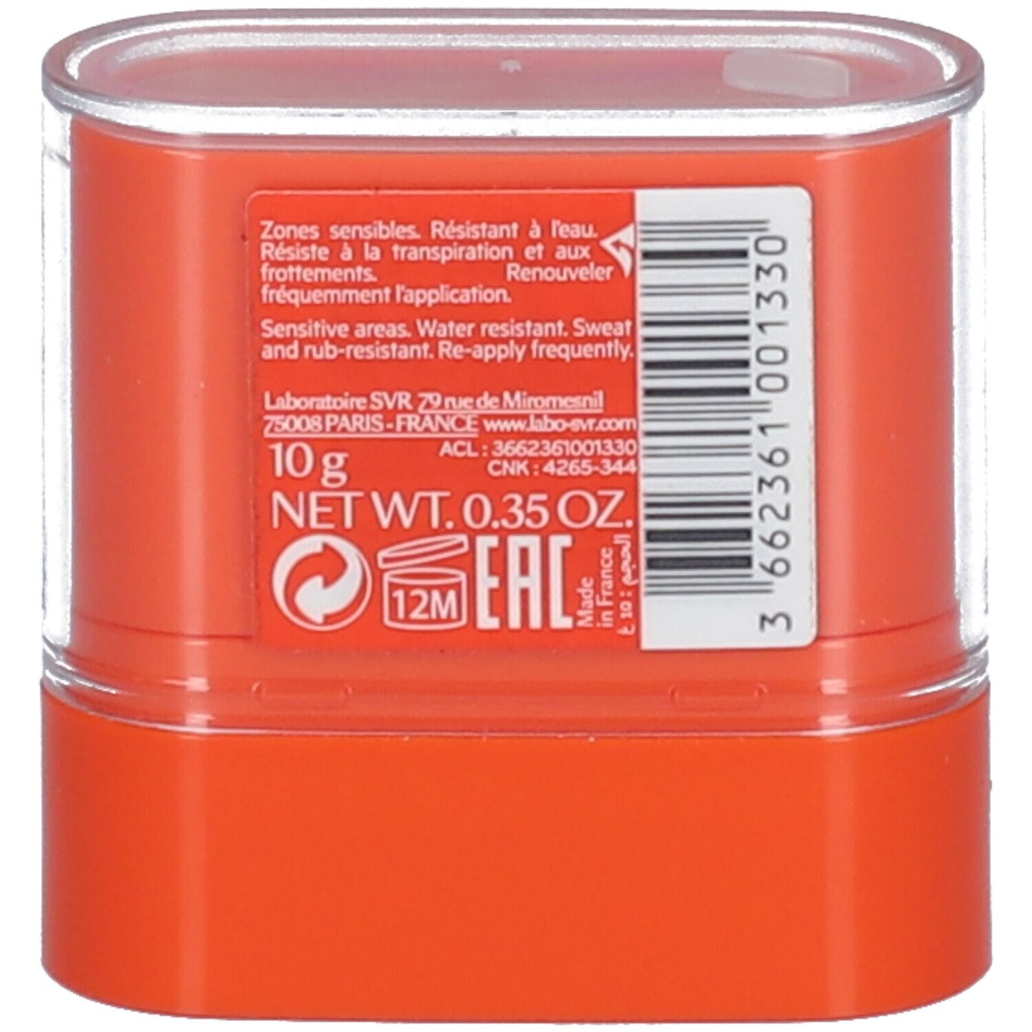Oranje stick in transparante behuizing. Bevat informatie over ingrediënten en gebruik. Met barcode.