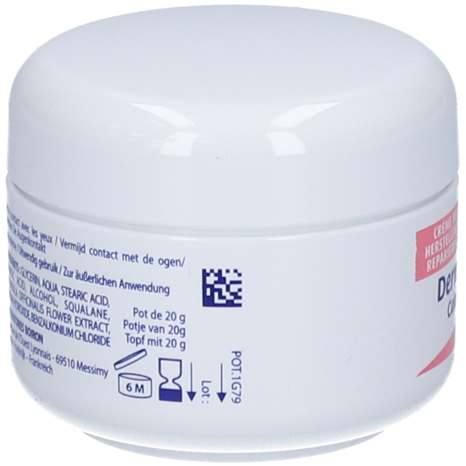 Rückseite eines Boiron Dermoplasmine Calendula Mousse Tiegels mit Inhaltsstoffen und Anwendungshinweisen.