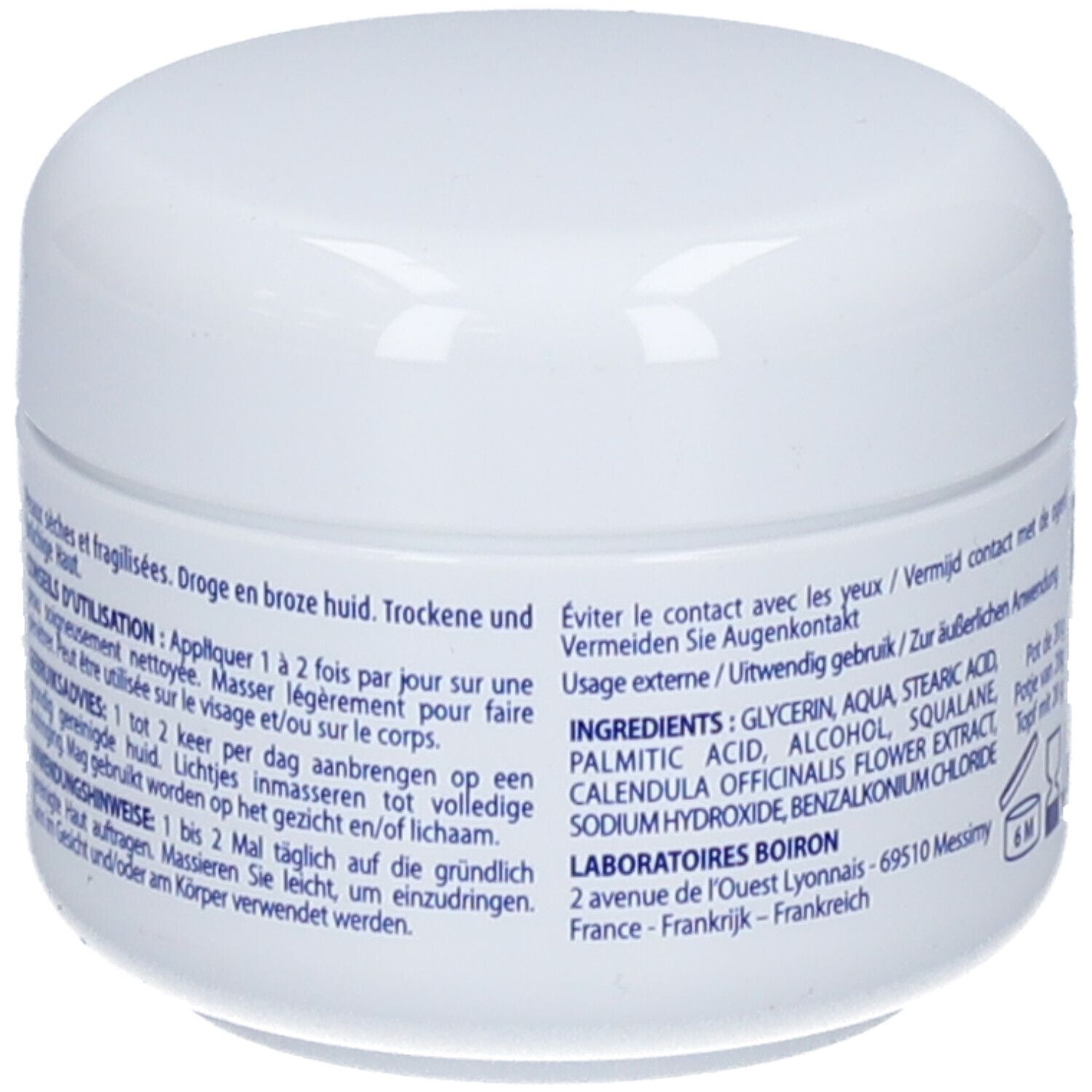 Seite eines Boiron Dermoplasmine Calendula Mousse Tiegels mit Anwendungshinweisen und Inhaltsstoffen.