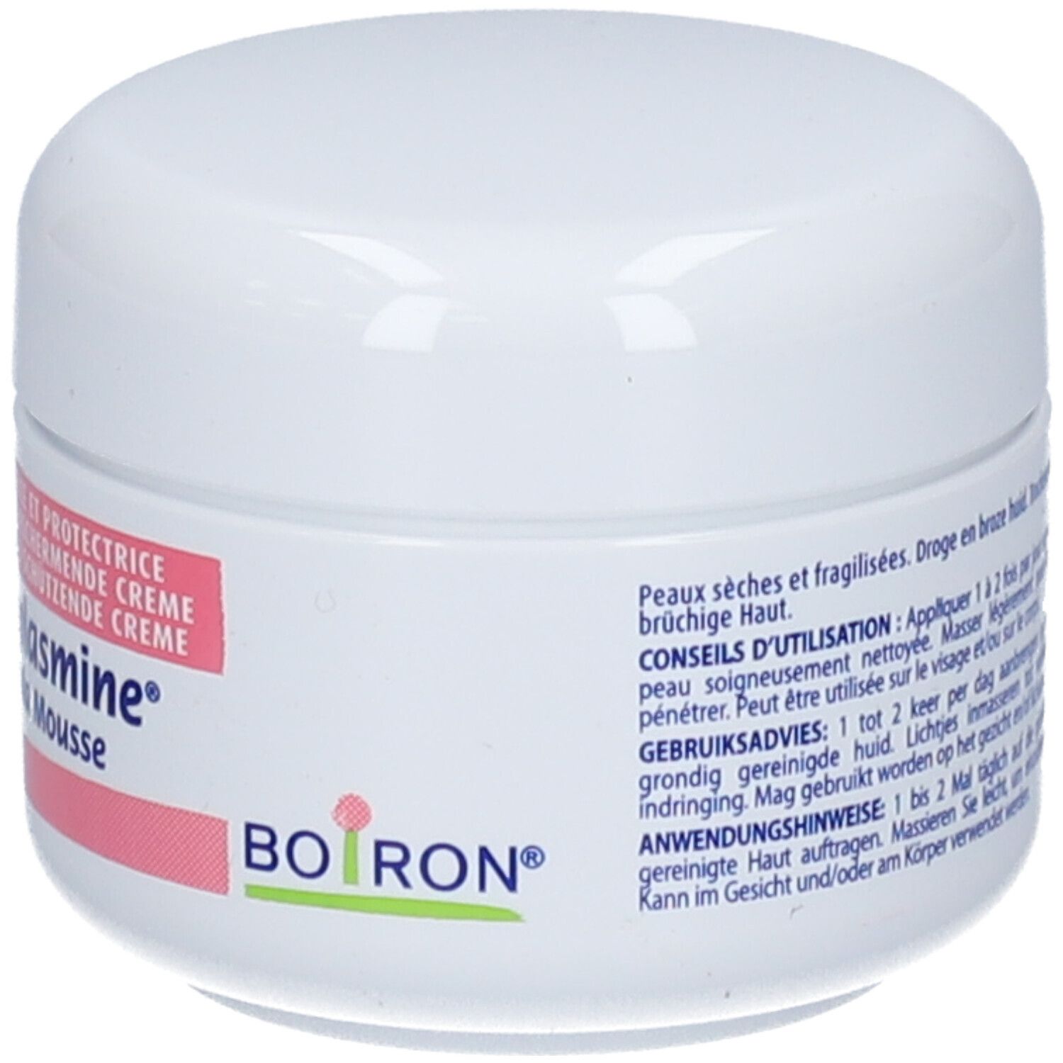 Boiron Dermoplasmine Calendula Mousse Creme Tiegel mit Etikett.