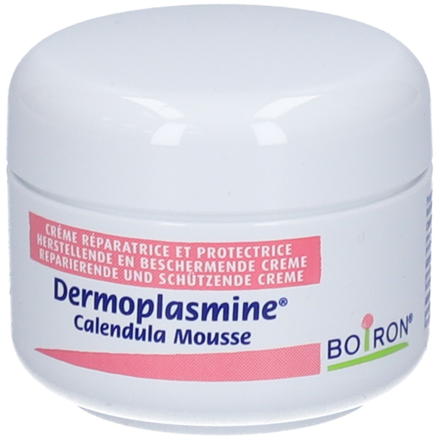 Boiron Dermoplasmine Calendula Mousse Creme Tiegel mit Etikett.