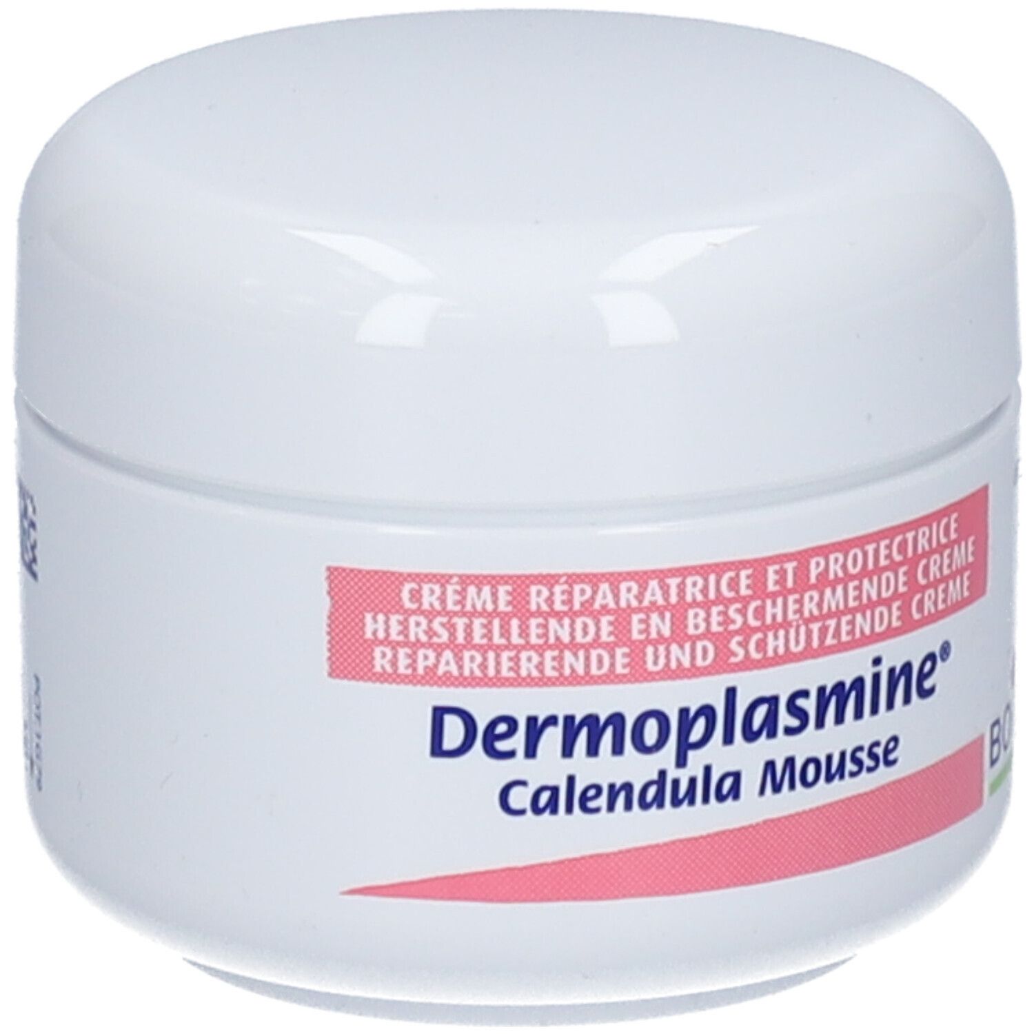 Boiron Dermoplasmine Calendula Mousse Creme Tiegel mit Etikett.