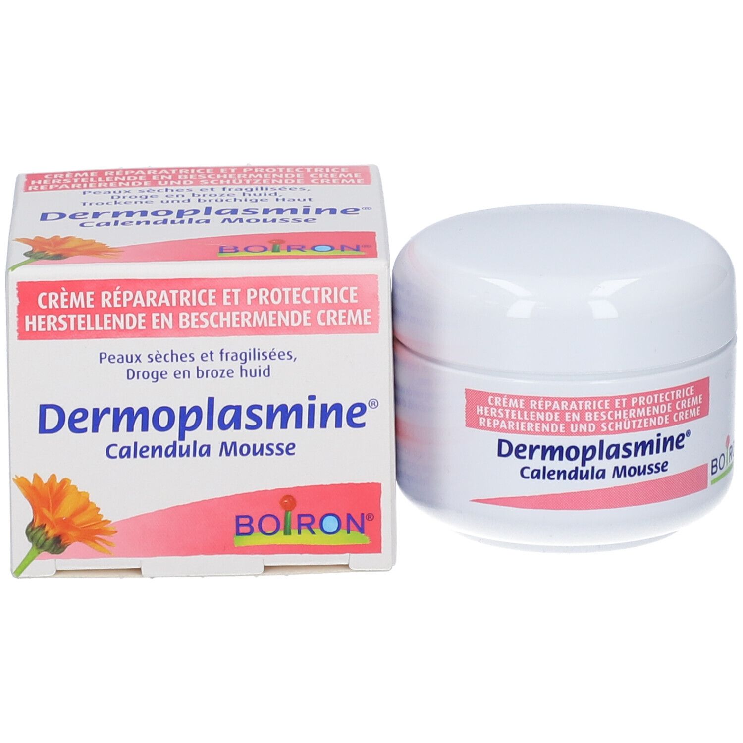 Boiron Dermoplasmine Calendula Mousse Creme Tiegel und Karton.