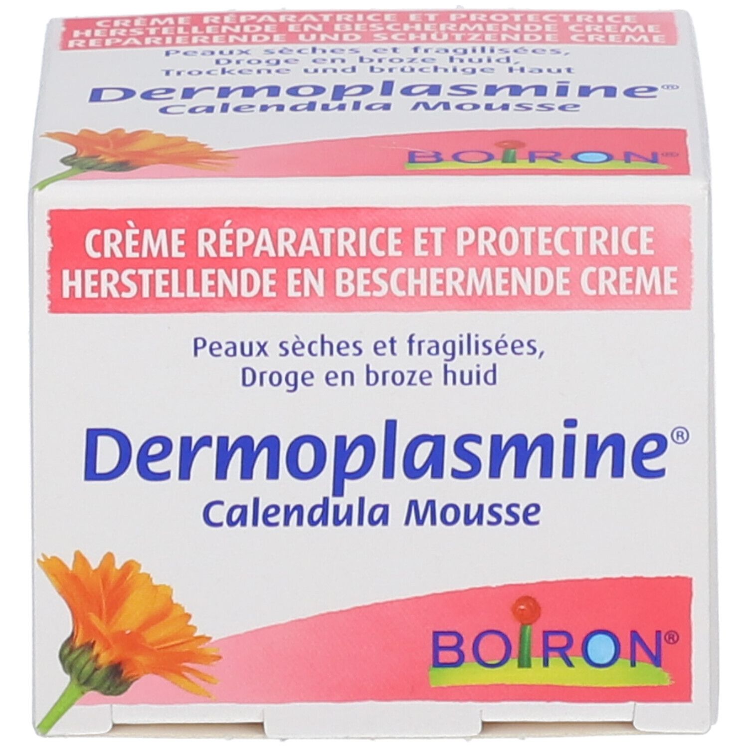 Karton für Boiron Dermoplasmine Calendula Mousse Creme mit Ringelblumenmotiv.