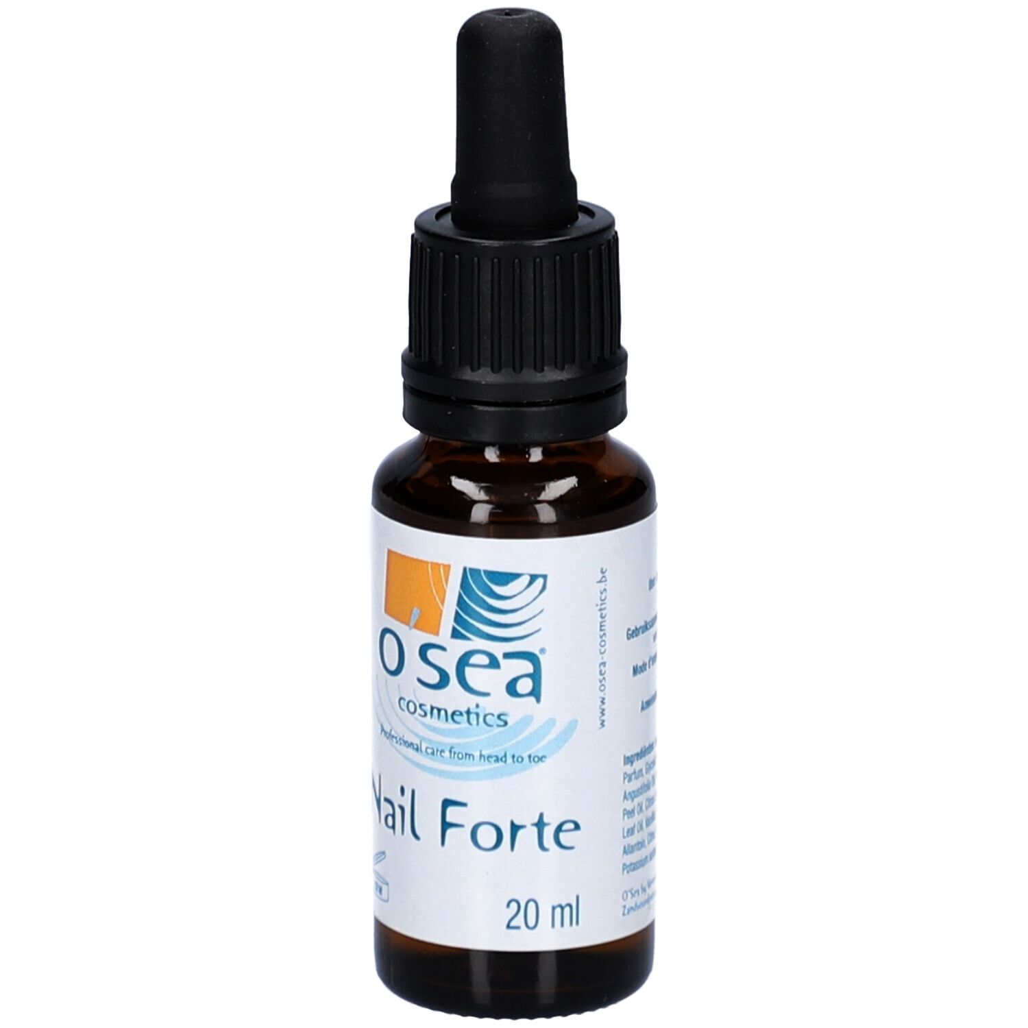 Braune Glasflasche mit schwarzem Tropfer. Aufkleber mit "O'sea cosmetics" und "Nail Forte".