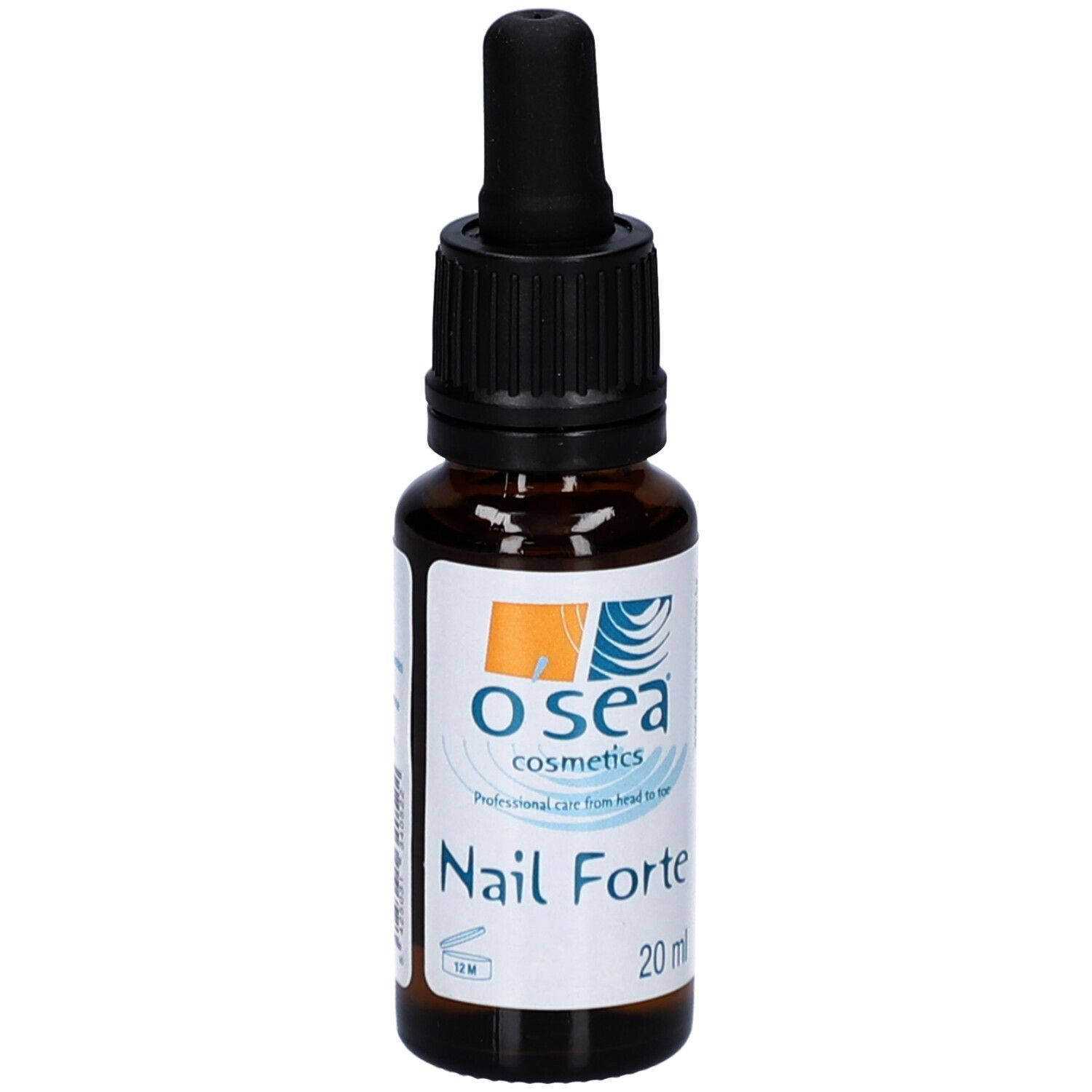 Braune Glasflasche mit schwarzem Tropfer. Aufkleber mit "O'sea cosmetics" und "Nail Forte".