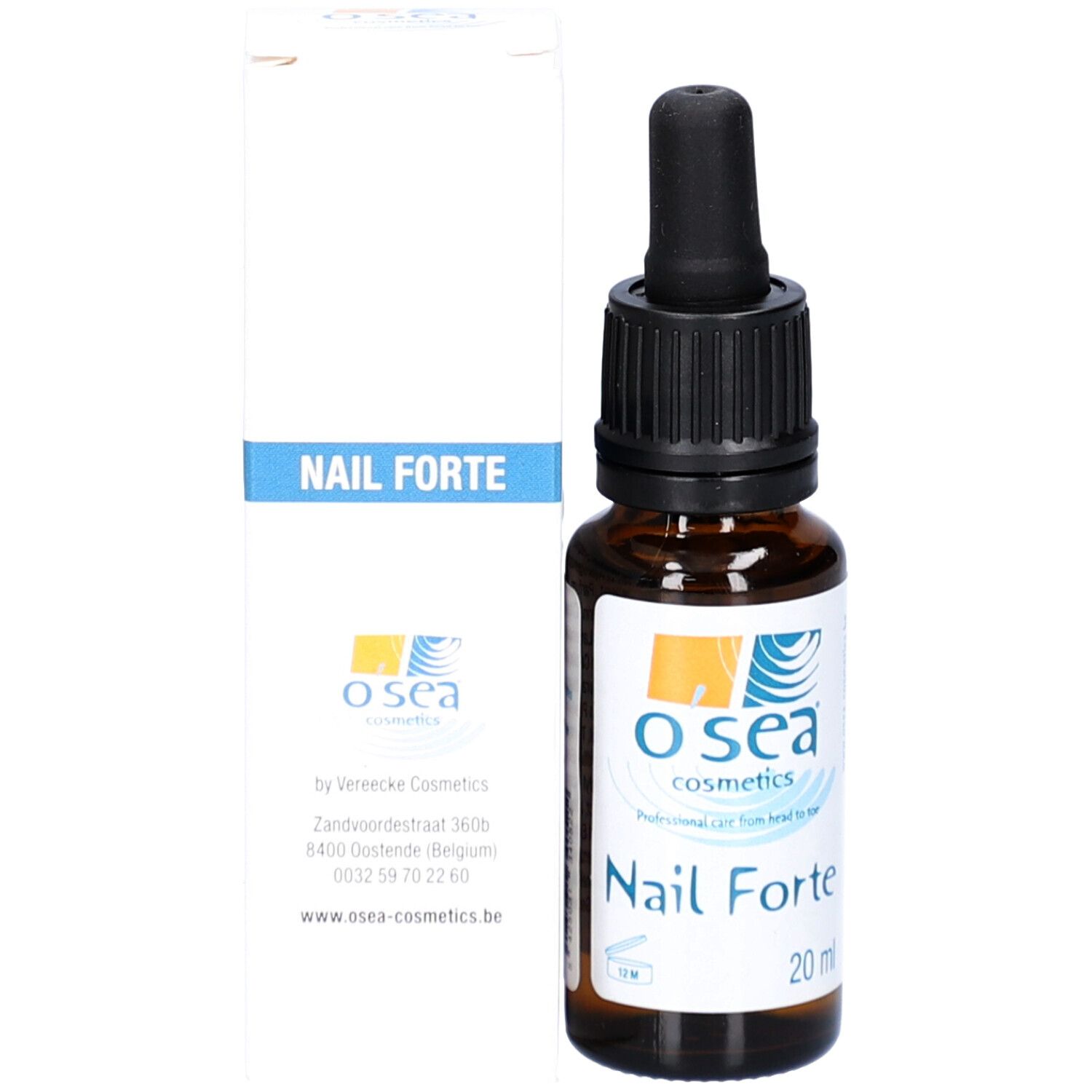 Produktflasche mit Verpackung. Weiße Schachtel mit blauem Streifen und "Nail Forte"-Schriftzug.