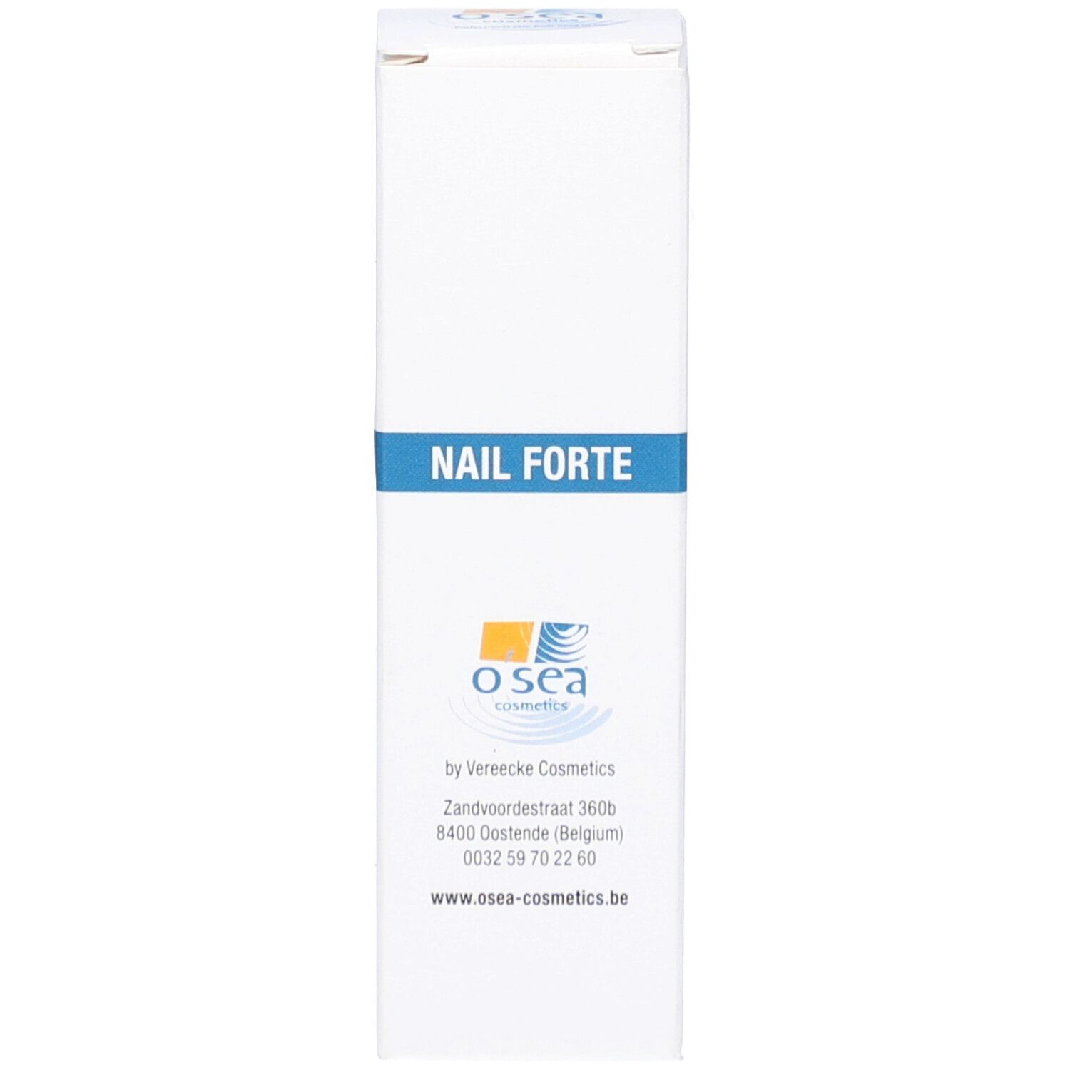 Weiße Schachtel mit blauem Streifen und "Nail Forte"-Schriftzug. Text und Logo.