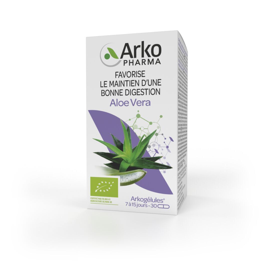 Emballage du produit. Boîte avec logo, image d'aloe vera et texte. 30 gélules.