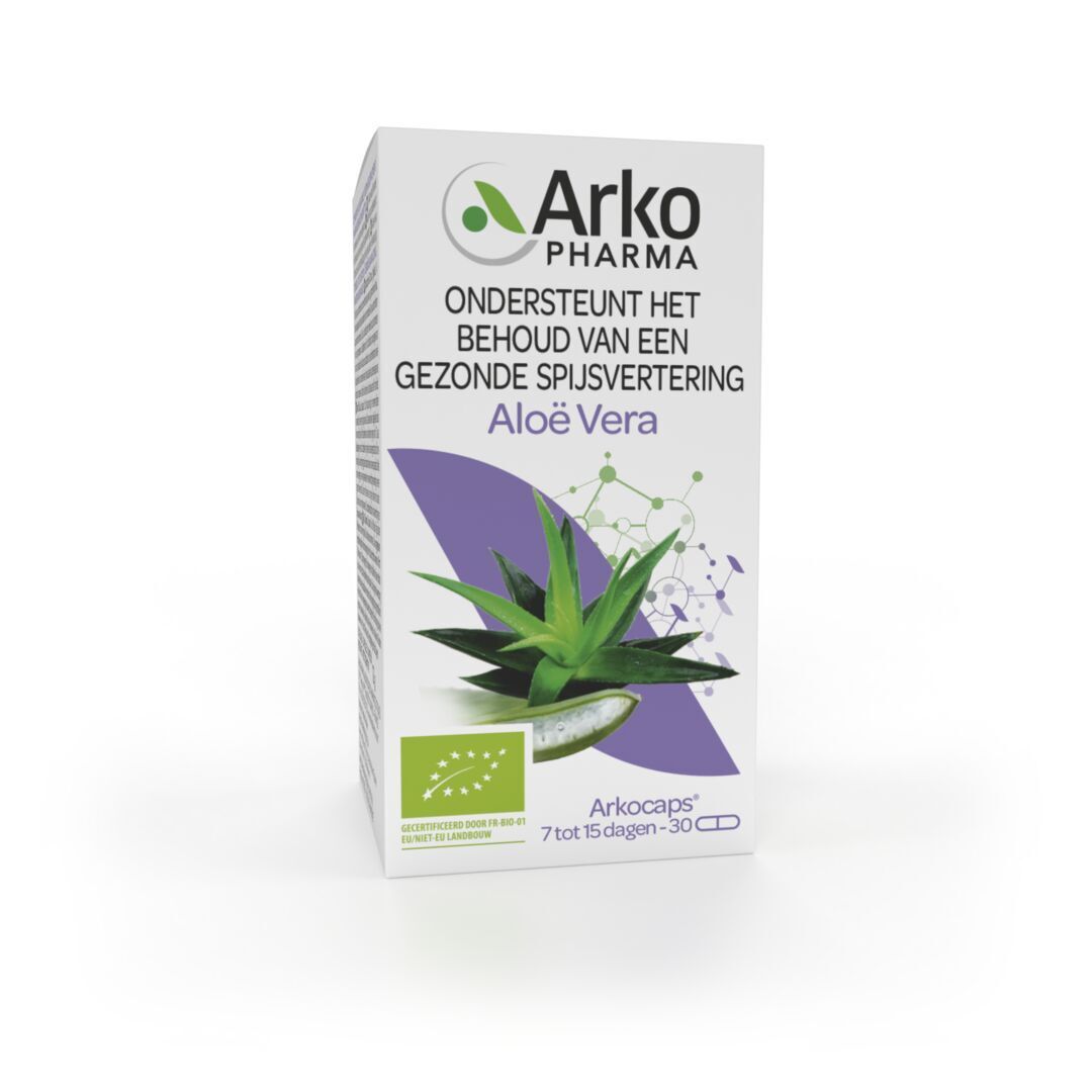 Productverpakking. Doos met logo, afbeelding van aloë vera en tekst. 30 capsules.