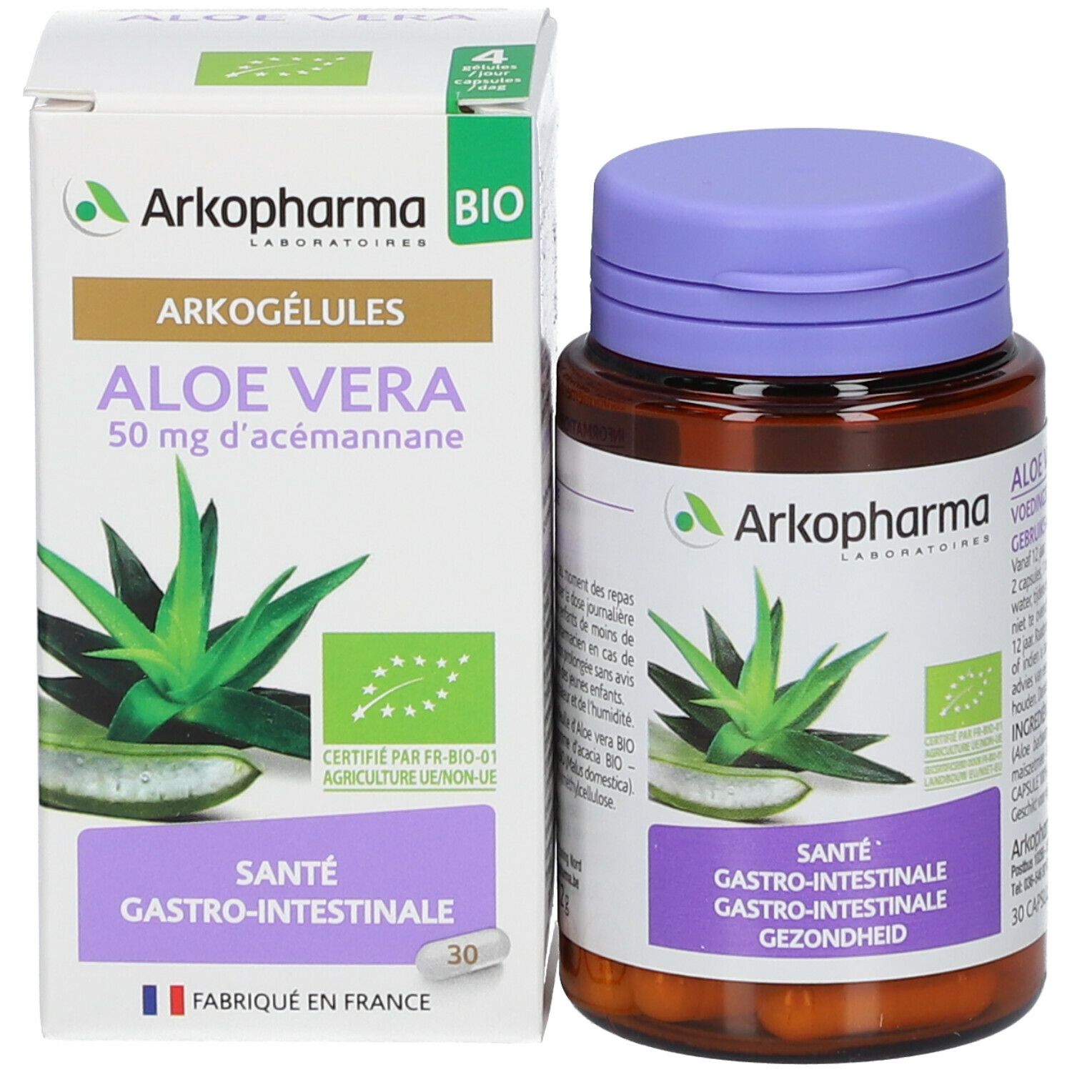Emballage du produit avec boîte et flacon. Boîte avec logo, image d'aloe vera et texte. 30 gélules.