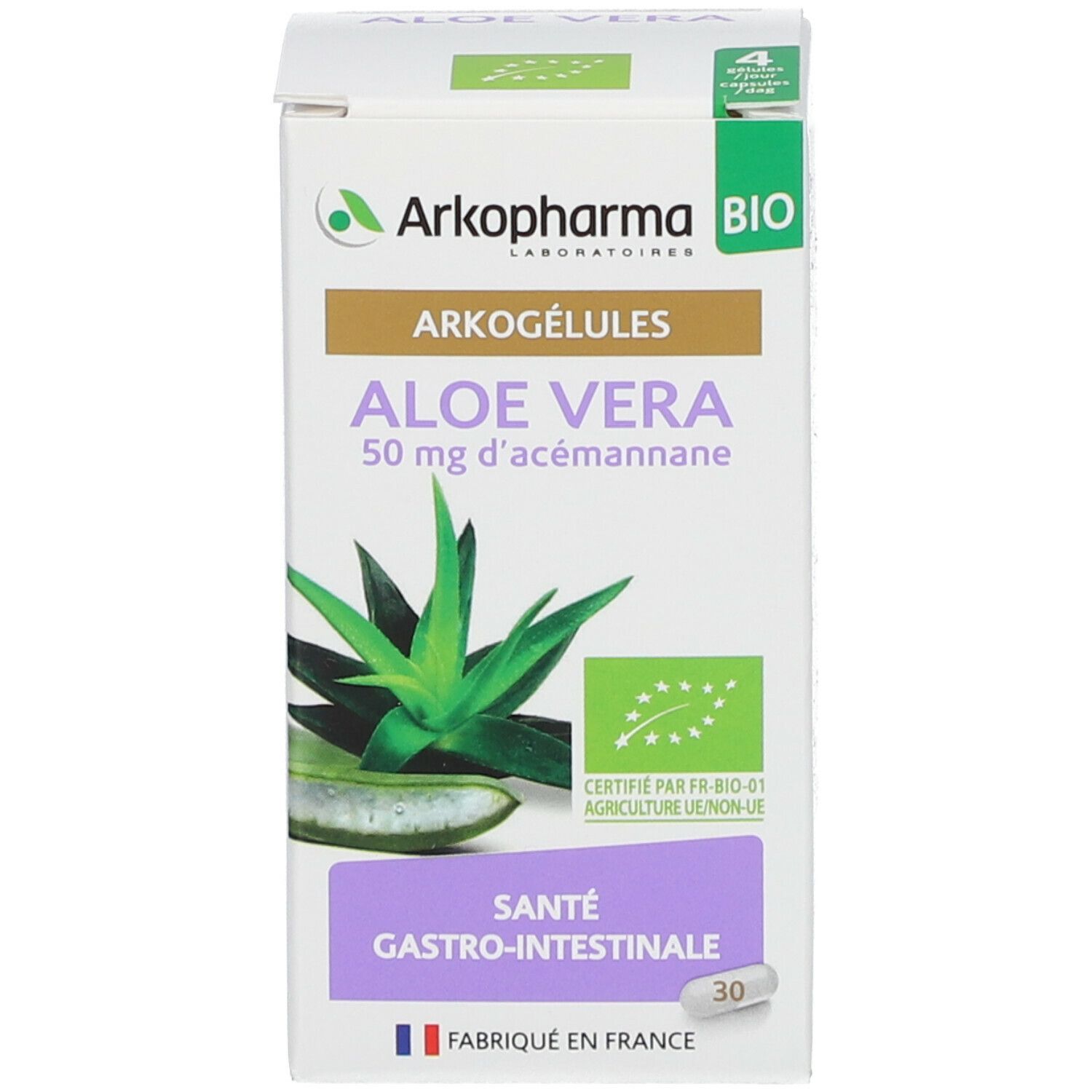 Emballage du produit. Boîte avec logo, image d'aloe vera et texte. 30 gélules.