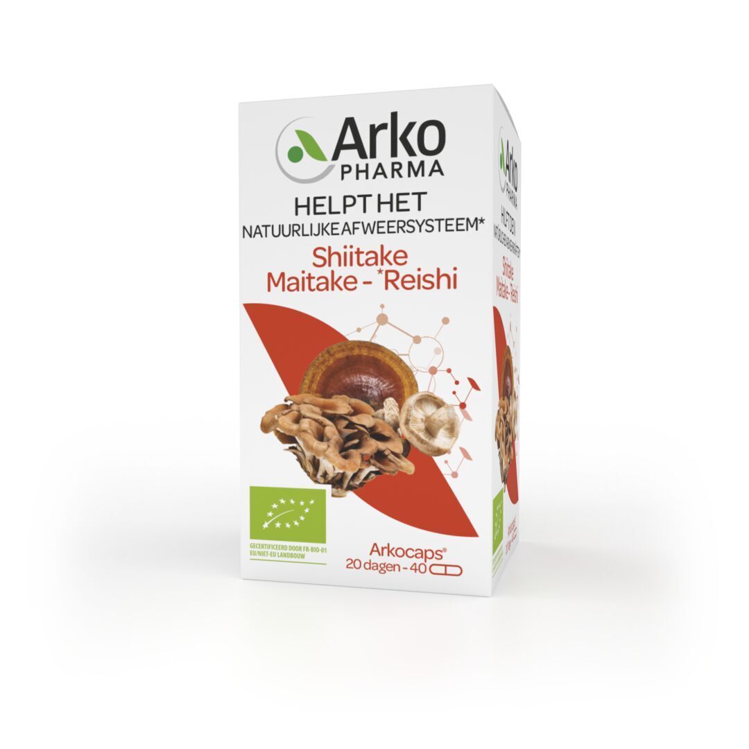 Verpackung. Aufschrift: Arkopharma, Hilft dem Immunsystem. Shiitake-Maitake-Reishi. ArkoCaps, 20-40 Kapseln.