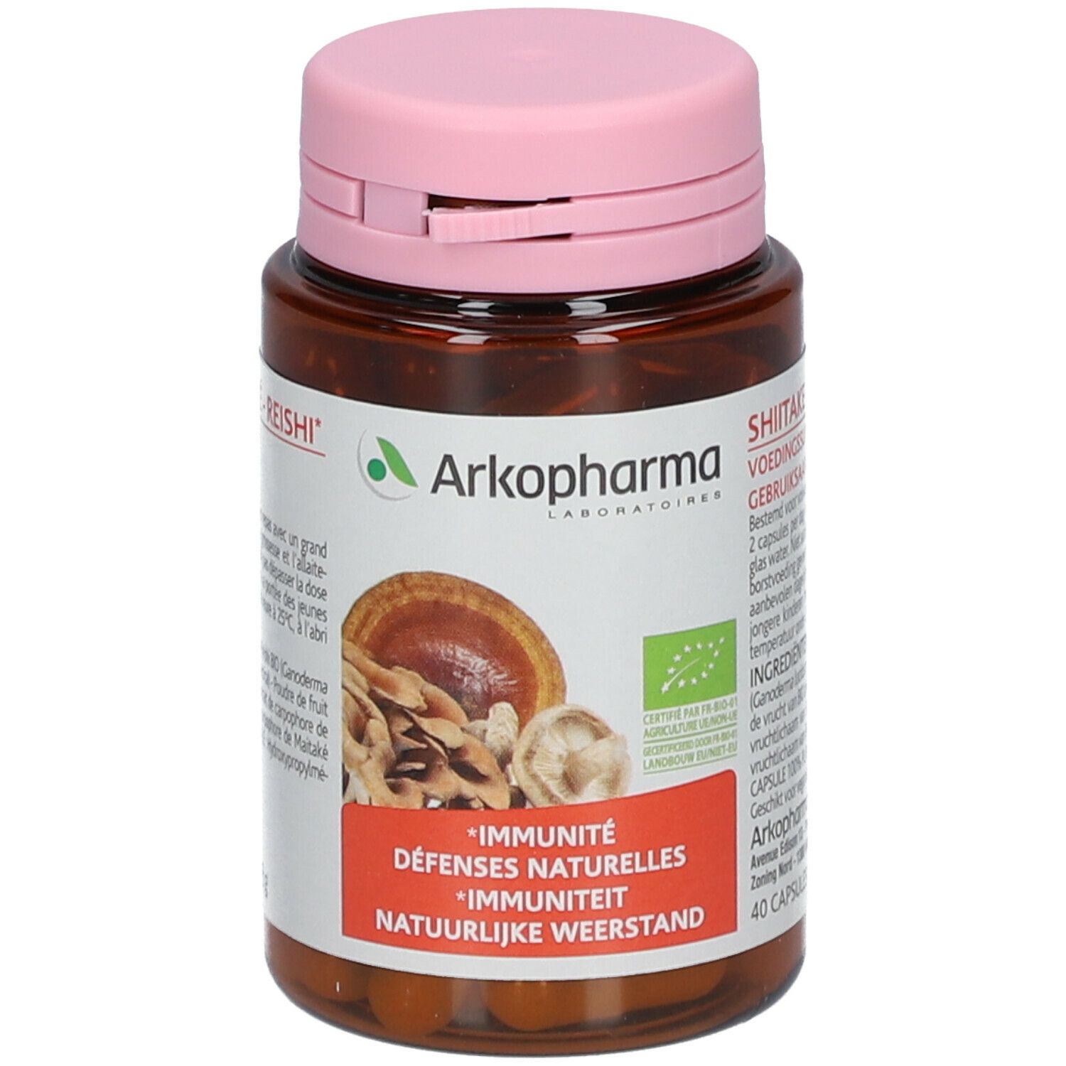 Braune Flasche mit rosa Deckel. Aufschrift: Arkopharma, Immunität, Natürliche Abwehrkräfte. Bio-Siegel.