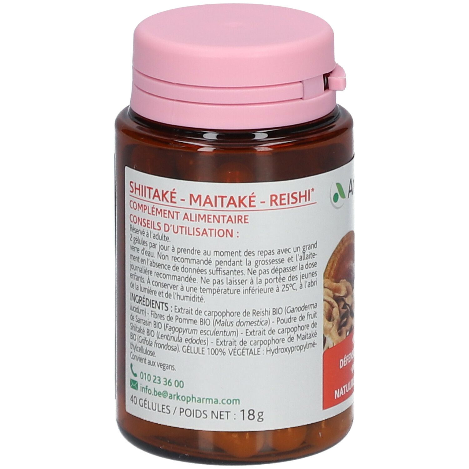 Rückseite der Flasche. Aufschrift: Shiitake-Maitake-Reishi, Nahrungsergänzungsmittel. Inhaltsstoffe, 40 Kapseln.